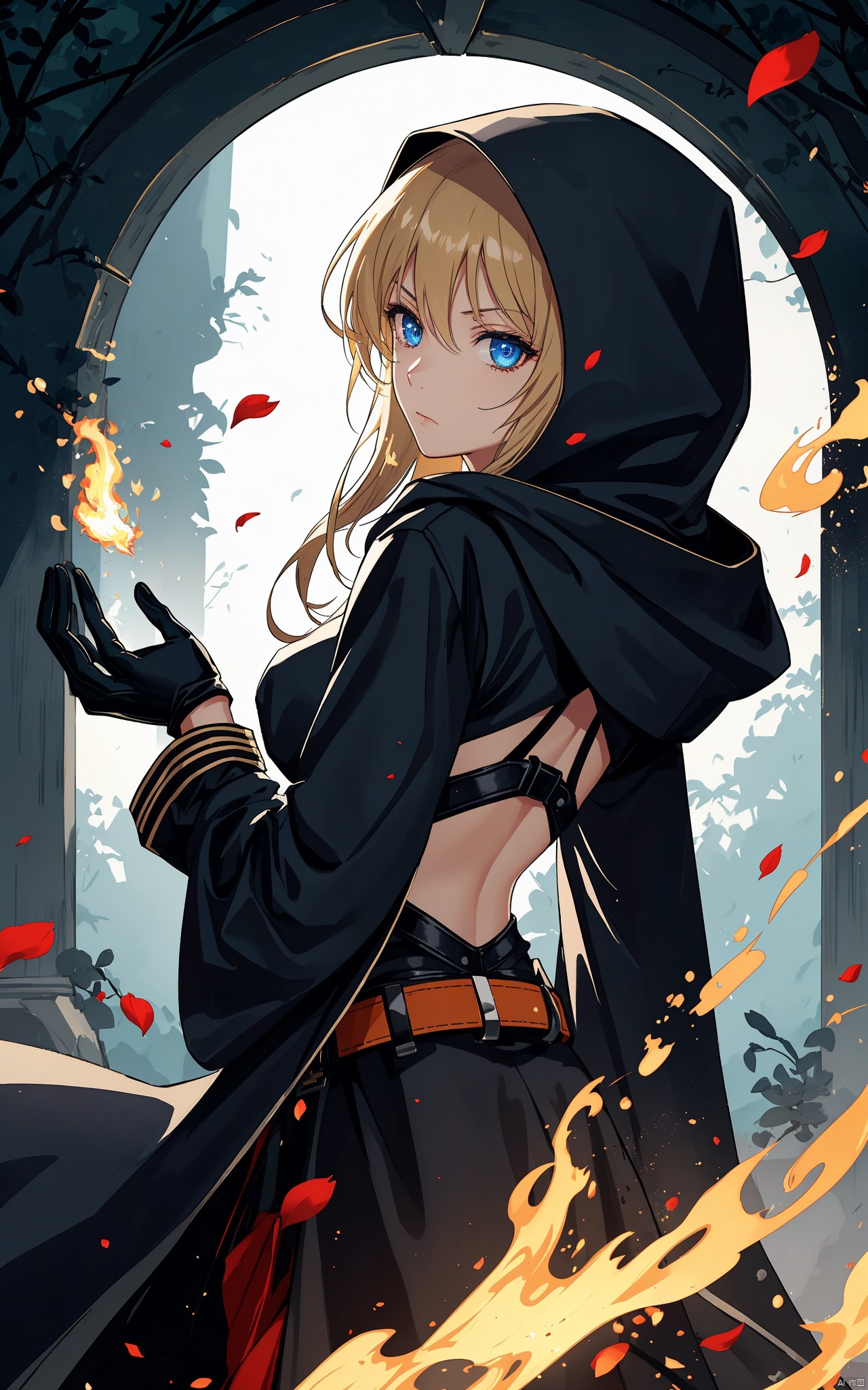 illustration, masterpiece, best quality, extremely detailed, wallpaper,
8k, mysterious, vivid color, shiny, best quality, intricate, good anatomy, beautiful lighting,

CyberpunkHorrorAnime, a powerful young woman standing in the center of the frame, directly facing the viewer, she is positioned in the middle of the image, with her upper body close to the camera, her long, blonde hair cascades down her back, framing her serious face, her eyes are locked onto the viewer with a determined expression, she wears a dark hooded cloak, black gloves, and a belt, with a sword in her right hand, she holds a glowing orb of fire, which emits a warm, orange glow, in the background, a dark forest with faint light and scattered petals adds a sense of mystery and intrigue to the scene,

cowboy shot, wide shot, volumetric lighting, detailed eyes,