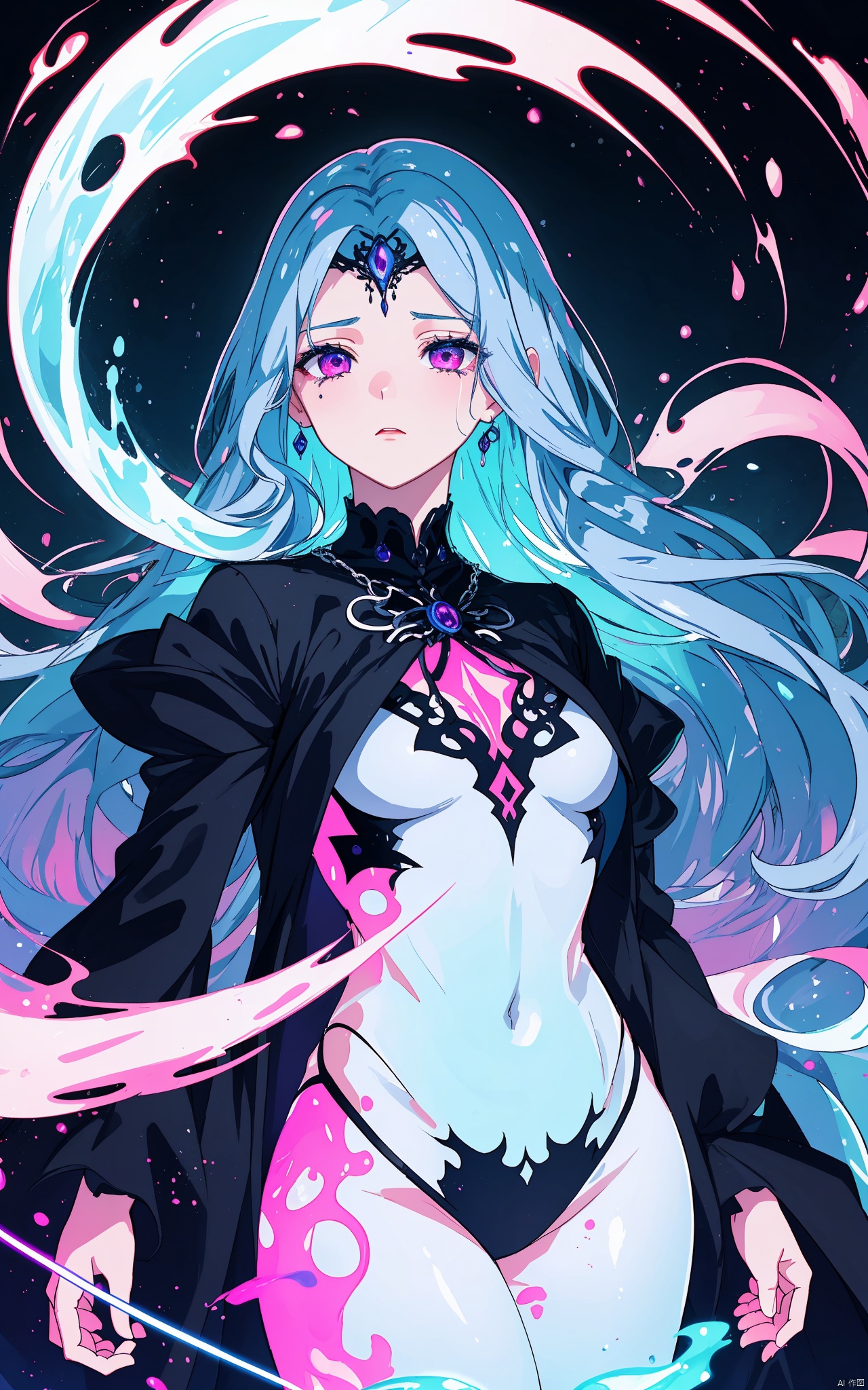  illustration, masterpiece, best quality, extremely detailed, wallpaper,
8k, mysterious, vivid color, shiny, best quality, intricate, good anatomy, beautiful lighting,

Close-up of an ethereal, pale-skinned young woman with long, straight, ice-blue hair and bangs covering her forehead. Her eyes are glowing magenta with dark, thin tears streaming down her cheeks, creating a ghostly, unsettling effect. She wears a high-neck, intricate, gothic-style black garment adorned with subtle chains, giving her a mysterious, dark allure. Background of swirling neon colors, shifting between magenta, electric blue, and deep violet, forming abstract spirals and waves that fade toward the edges. Subtle glowing symbols float among the colors, adding a hint of mysticism. Soft mist rises from the bottom, creating a dreamlike atmosphere.

cowboy shot, wide shot, volumetric lighting, detailed eyes,