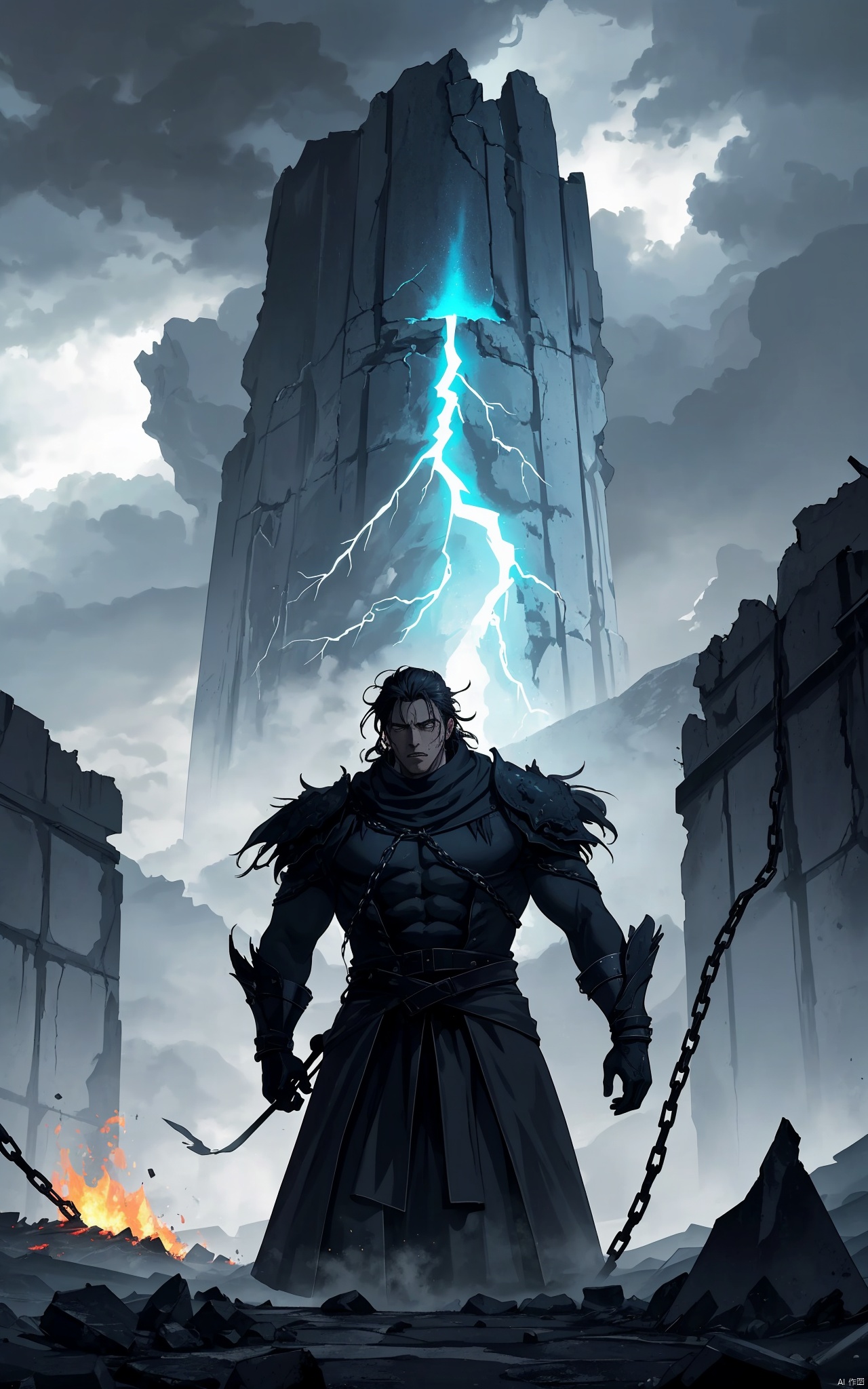  illustration, masterpiece, best quality, extremely detailed, wallpaper,
8k, mysterious, vivid color, shiny, best quality, intricate, good anatomy, beautiful lighting,

In a stormy wasteland where lightning forks across a sky of swirling black clouds, a towering figure with dark obsidian skin stands chained to a crumbling stone pillar. His eyes, glowing like molten lava, burn with an ancient, untamed power, even as his tattered cloak whips wildly in the wind. His muscular arms, bound by thick iron chains, strain against his restraints, while deep scars trace patterns across his skin, glowing faintly in the darkness. Surrounding him, the ground is cracked and scorched, with jagged rocks jutting up like the teeth of some long-dead beast. In the distance, colossal tornadoes twist and howl, throwing up clouds of ash and debris into the air, as lightning crackles ominously overhead. His long, black hair flows wildly in the tempest, and his breath comes in slow, heavy exhales, visible in the cold air. Behind him, a distant, shattered mountain looms like a broken sentinel, framed against the chaotic sky. The atmosphere is thick with the smell of sulfur and ozone, as the ground trembles with the distant rumble of thunder. This scene captures a moment of defiance against an unforgiving world, with raw power and elemental fury swirling all around.

cowboy shot, wide shot, volumetric lighting, detailed eyes,