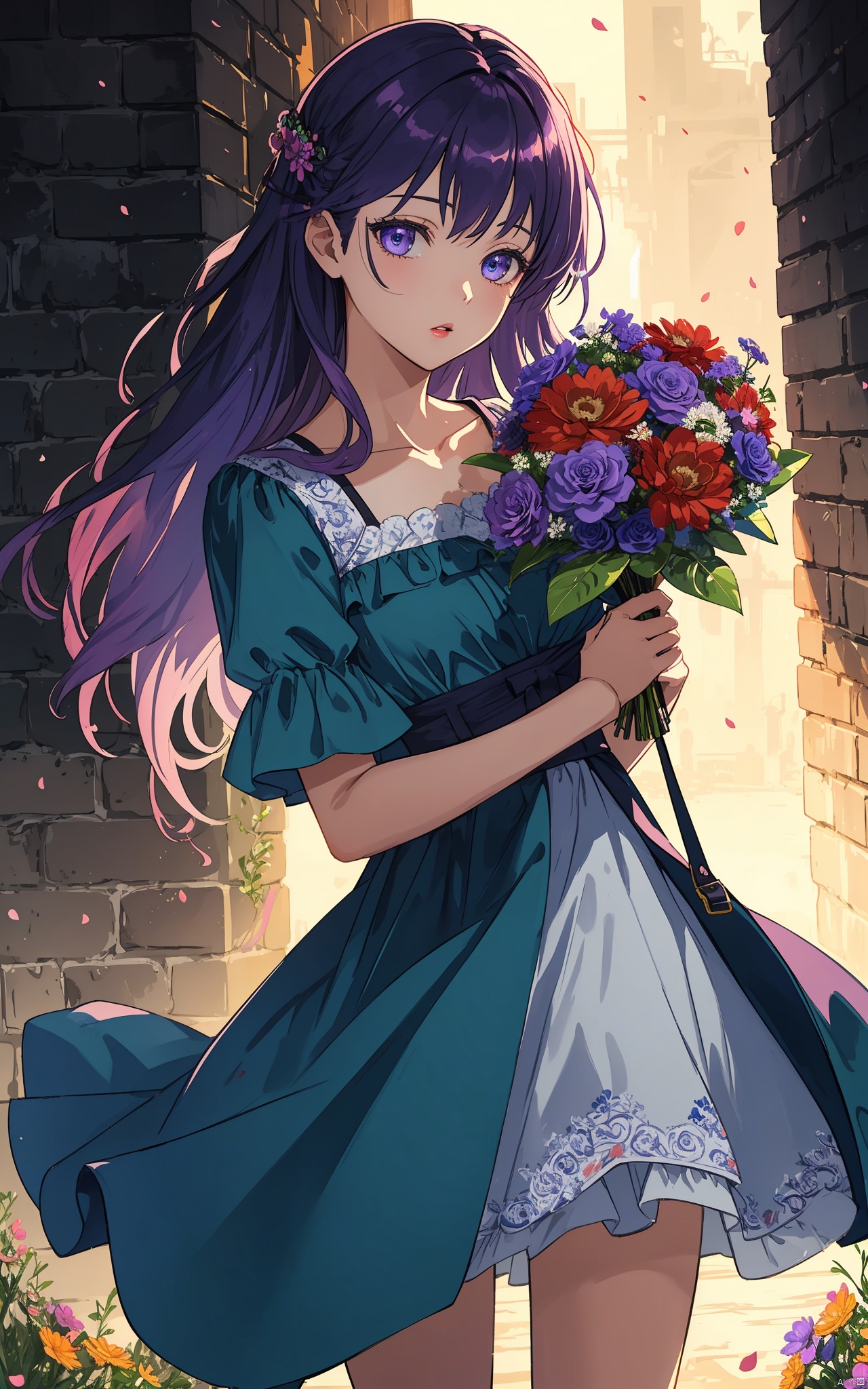  illustration, masterpiece, best quality, extremely detailed, wallpaper,
8k, mysterious, vivid color, shiny, best quality, intricate, good anatomy, beautiful lighting,

1girl, bright purple hair, wearing a sundress and holding a bouquet of wildflowers,

cowboy shot, wide shot, volumetric lighting, detailed eyes,