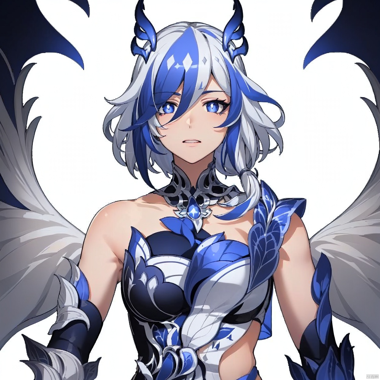 (white background:1.2),looking at viewer,(SOLO:1.4),outline,simple background,upper body, cowboy shot,looking at viewer,,outline,
(((arms at side))), bright pupils,pelvic curtain,blue fire,gauntlets,mechanical parts,white skin,phoenix,shorts,collarbone,jewelry,twintails,eyelashes,elbow gloves,armor,blue legwear,thighhighs,boots,facial mark,head wings,blue gloves,two,tone hair,earrings,gloves,tassel,leotard,skirt,dress,elbow gloves,twintails,bare shoulders,tattoo,phoenix,ribbon,blue ribbon,bangs,white hair,blue eyes,streaked hair,fu hua,blue hair,fiery hair,hair between eyes,multicolored hair,wings,jewelry,hair ornament,gloves,hair ribbon,pattern on hair,logo,white pupils,diamond shaped pupils