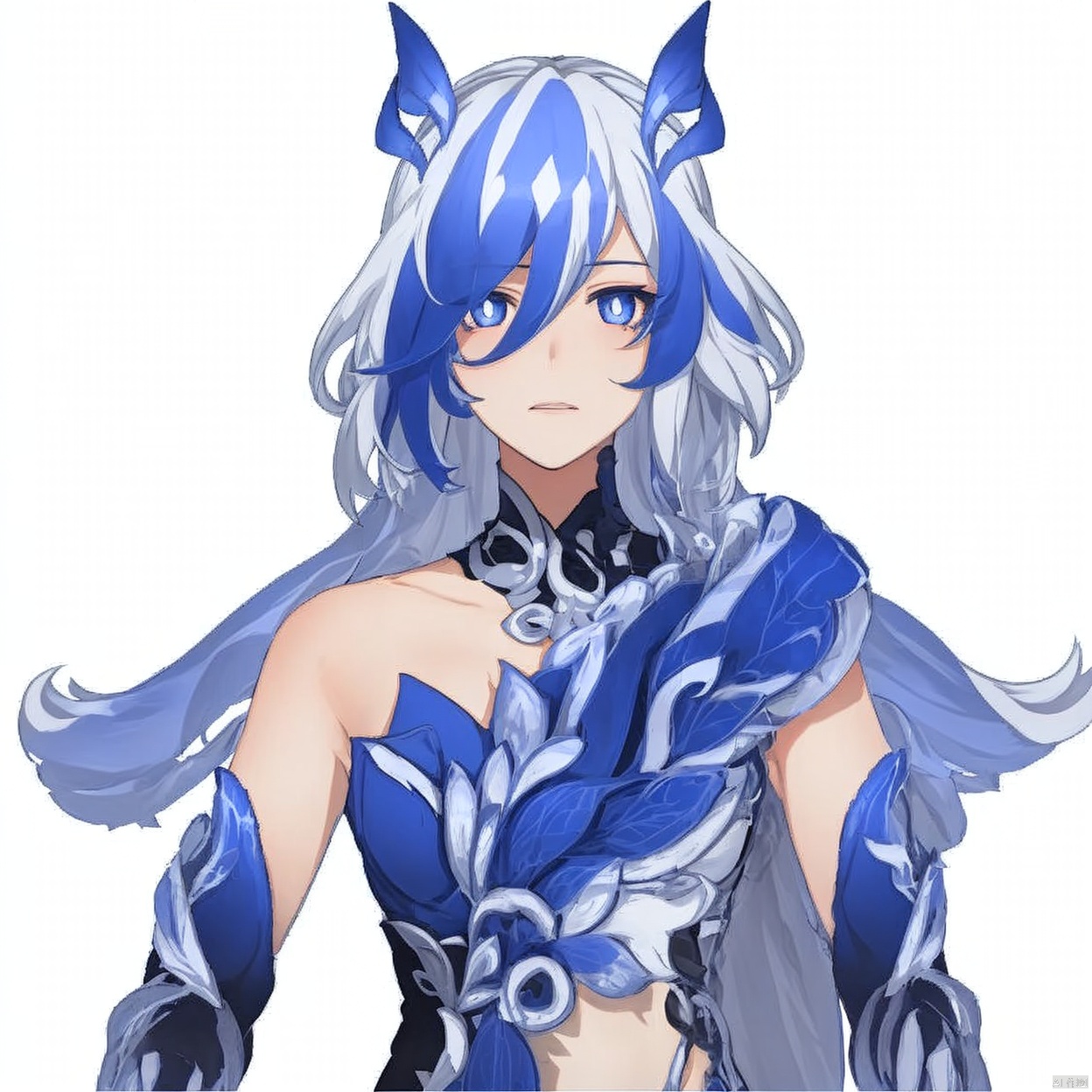 (white background:1.2),looking at viewer,(SOLO:1.4),outline,simple background,upper body, cowboy shot,looking at viewer,,outline,
(((arms at side))), bright pupils,white skin,phoenix,collarbone,jewelry,twintails,eyelashes,head wings,two,tone hair,earrings,leotard,skirt,dress,bare shoulders,tattoo,ribbon,blue ribbon,bangs,white hair,blue eyes,streaked hair,fu hua,blue hair,hair between eyes,multicolored hair,hair ornament,hair ribbon,pattern on hair,diamond shaped pupils,white pupils