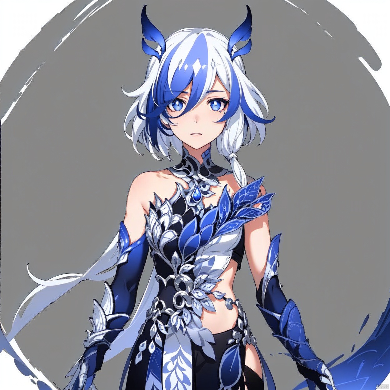 (white background:1.2),looking at viewer,(SOLO:1.4),outline,simple background,upper body, cowboy shot,looking at viewer,,outline,
(((arms at side))), bright pupils,pelvic curtain,blue fire,gauntlets,mechanical parts,white skin,phoenix,shorts,collarbone,jewelry,twintails,eyelashes,elbow gloves,armor,blue legwear,thighhighs,boots,facial mark,head wings,blue gloves,two,tone hair,earrings,gloves,tassel,leotard,skirt,dress,elbow gloves,twintails,bare shoulders,tattoo,phoenix,ribbon,blue ribbon,bangs,white hair,blue eyes,streaked hair,fu hua,blue hair,fiery hair,hair between eyes,multicolored hair,wings,jewelry,hair ornament,gloves,hair ribbon,pattern on hair,logo,white pupils,diamond shaped pupils