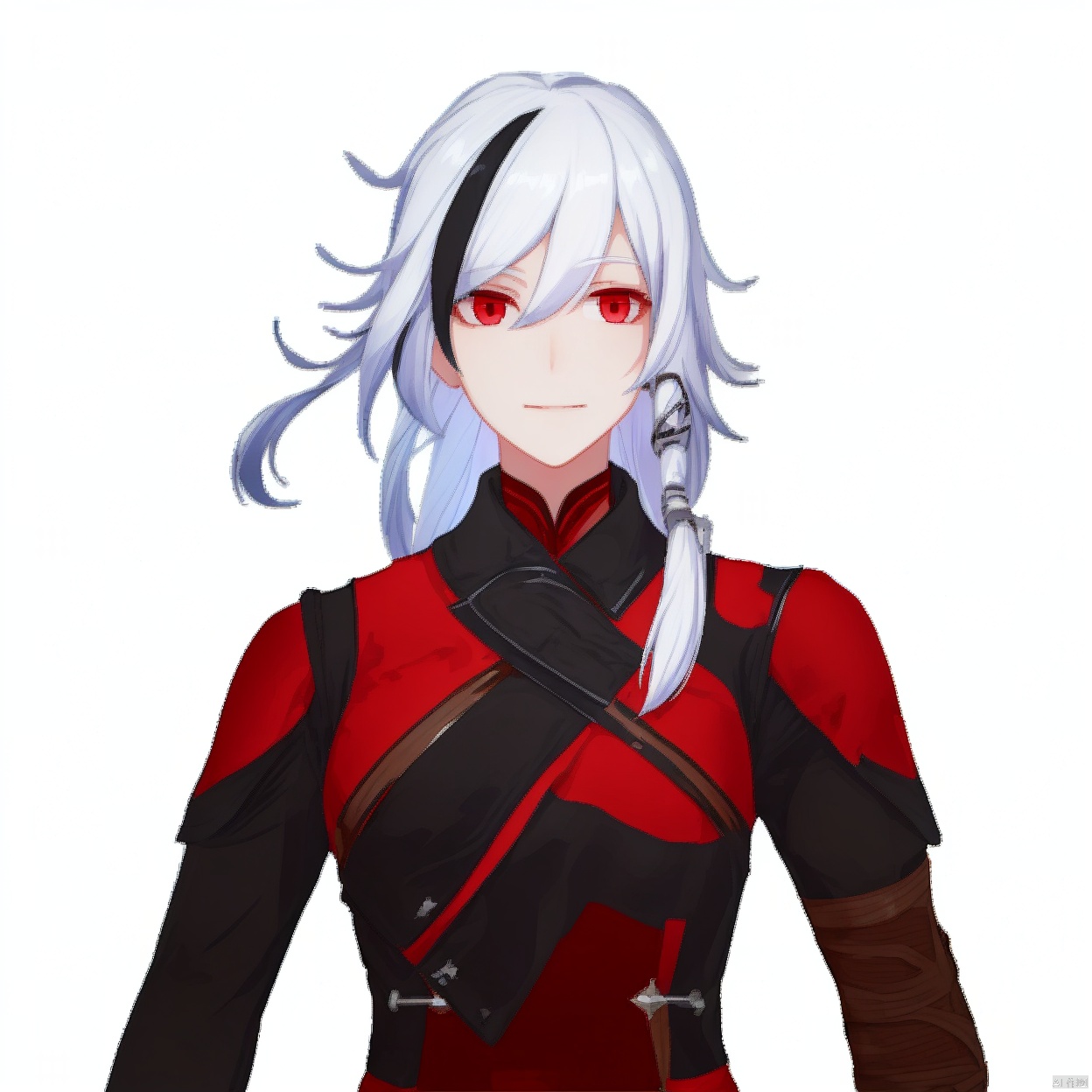 (white background:1.2),looking at viewer,(SOLO:1.4),outline,simple background,upper body, cowboy shot,looking at viewer,,outline,
(((arms at side))), grin,low ponytail,silver hair,tied long hair,messy hair,two tone hair,jewelry,bandages,white hair,black hair,red eyes,fu hua,armor,jacket,arm wrap,gradient hair,multicolored hair,braid,earrings,bangs,hair between eyes,hair ornament