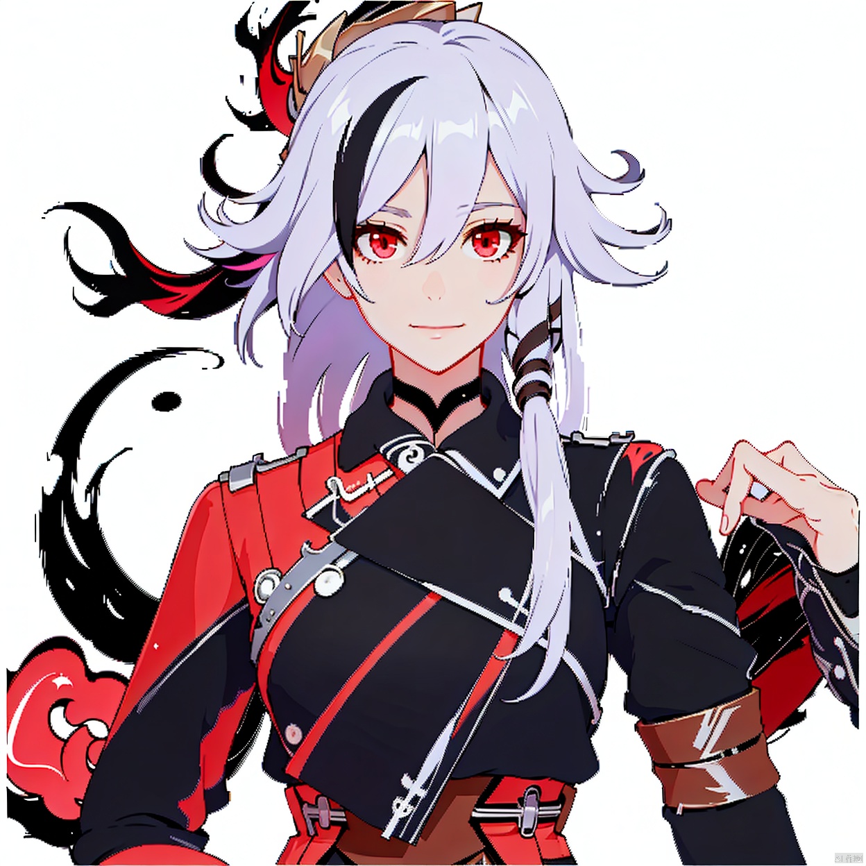  (masterpiece:1.3),(the best quality:1.2),(super fine illustrations:1.2),(Masterpiece),high quality,high detail,(white background:1.2),looking at viewer,(SOLO:1.4),outline,simple background,fullbody,, grin,low ponytail,blanket,belt,silver hair,low,tied long hair,messy hair,two,tone hair,streaked hair,jewelry,leather,long hair,bandages,white hair,black hair,red eyes,red rope,red legwear,fu hua,hakama,armor,brown footwear,high heel boots,jacket,dress,toeless legwear,arm wrap,sarashi,high heels,gradient hair,long sleeves,multicolored hair,braid,gloves,pants,earrings,1girl,bangs,closed mouth,expressionless,hair between eyes,hair ornament,long hair