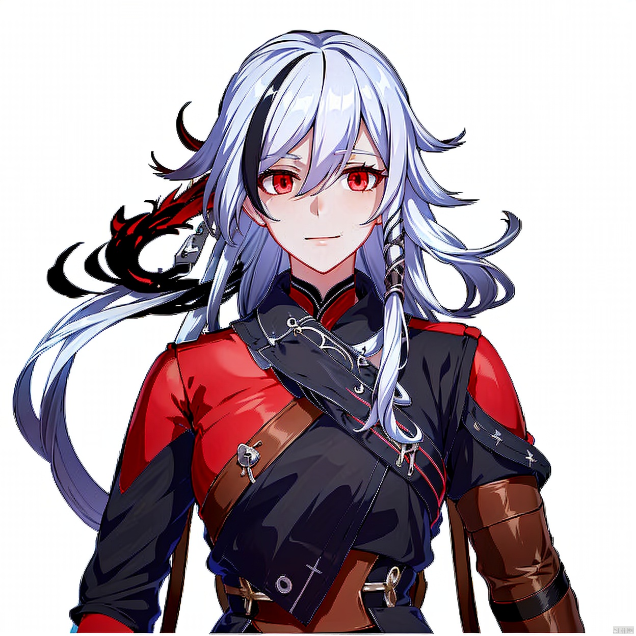 (white background:1.2),looking at viewer,(SOLO:1.4),outline,simple background,upper body, cowboy shot,looking at viewer,,outline,
(((arms at side))), grin,low ponytail,blanket,belt,silver hair,low,tied long hair,messy hair,two,tone hair,streaked hair,jewelry,leather,long hair,bandages,white hair,black hair,red eyes,red rope,red legwear,fu hua,hakama,armor,brown footwear,high heel boots,jacket,dress,toeless legwear,arm wrap,sarashi,high heels,gradient hair,long sleeves,multicolored hair,braid,gloves,pants,earrings,1girl,bangs,closed mouth,expressionless,hair between eyes,hair ornament,long hair
