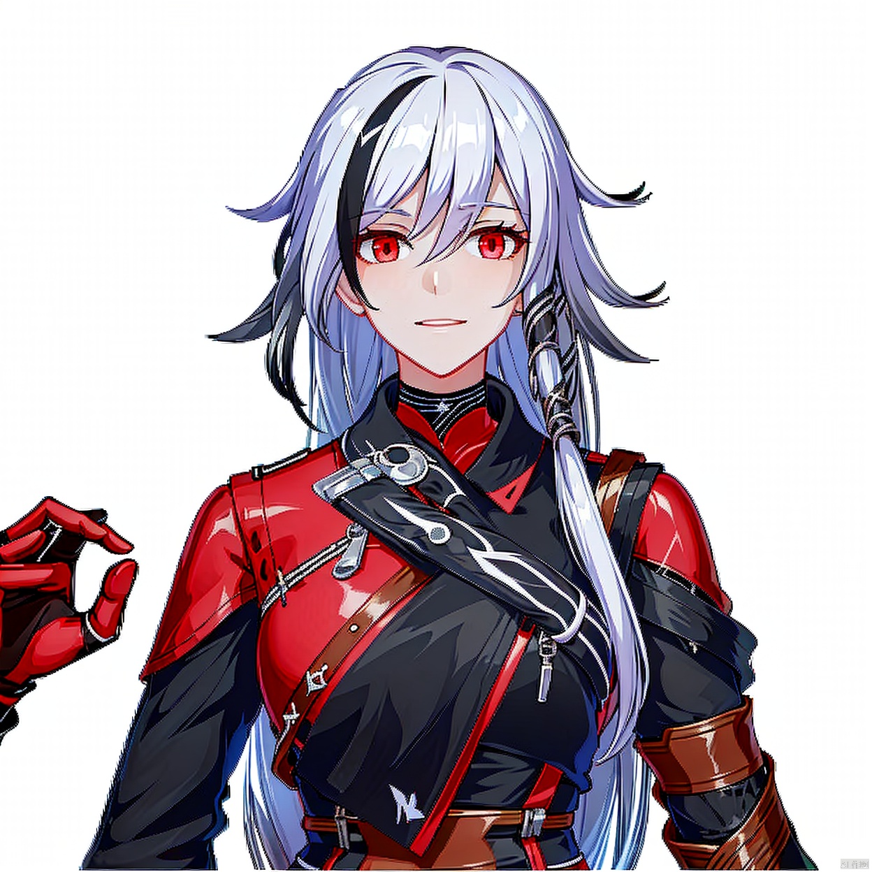 (masterpiece:1.3),(the best quality:1.2),(super fine illustrations:1.2),(Masterpiece),high quality,high detail,(white background:1.2),looking at viewer,(SOLO:1.4),outline,simple background,fullbody,, grin,low ponytail,blanket,belt,silver hair,low,tied long hair,messy hair,two,tone hair,streaked hair,jewelry,leather,long hair,bandages,white hair,black hair,red eyes,red rope,red legwear,fu hua,hakama,armor,brown footwear,high heel boots,jacket,dress,toeless legwear,arm wrap,sarashi,high heels,gradient hair,long sleeves,multicolored hair,braid,gloves,pants,earrings,1girl,bangs,closed mouth,expressionless,hair between eyes,hair ornament,long hair
