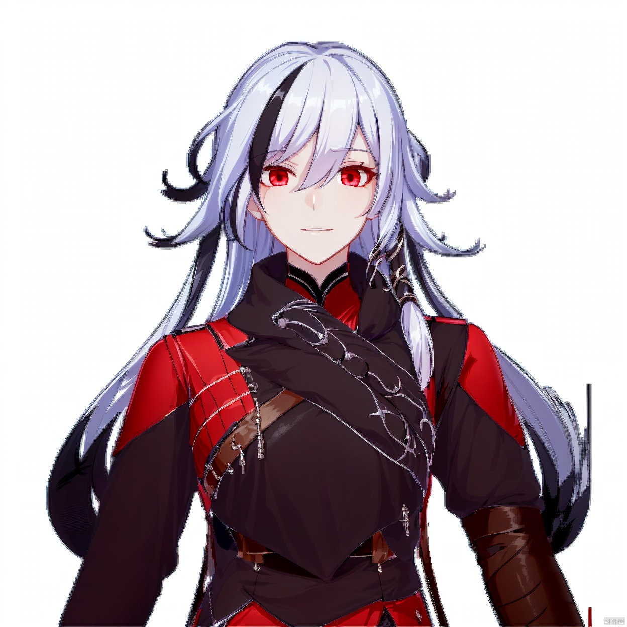 (white background:1.2),looking at viewer,(SOLO:1.4),outline,simple background,upper body, cowboy shot,looking at viewer,,outline,
(((arms at side))), grin,low ponytail,blanket,belt,silver hair,low,tied long hair,messy hair,two,tone hair,streaked hair,jewelry,leather,long hair,bandages,white hair,black hair,red eyes,red rope,red legwear,fu hua,hakama,armor,brown footwear,high heel boots,jacket,dress,toeless legwear,arm wrap,sarashi,high heels,gradient hair,long sleeves,multicolored hair,braid,gloves,pants,earrings,1girl,bangs,closed mouth,expressionless,hair between eyes,hair ornament,long hair