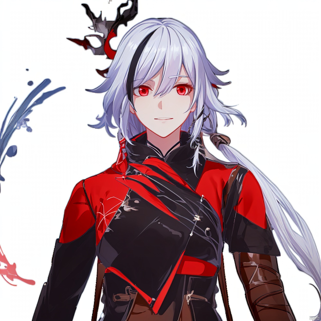 (white background:1.2),looking at viewer,(SOLO:1.4),outline,simple background,upper body, cowboy shot,looking at viewer,,outline,
(((arms at side))), grin,low ponytail,blanket,belt,silver hair,low,tied long hair,messy hair,two,tone hair,streaked hair,jewelry,leather,long hair,bandages,white hair,black hair,red eyes,red rope,red legwear,fu hua,hakama,armor,brown footwear,high heel boots,jacket,dress,toeless legwear,arm wrap,sarashi,high heels,gradient hair,long sleeves,multicolored hair,braid,gloves,pants,earrings,1girl,bangs,closed mouth,expressionless,hair between eyes,hair ornament,long hair