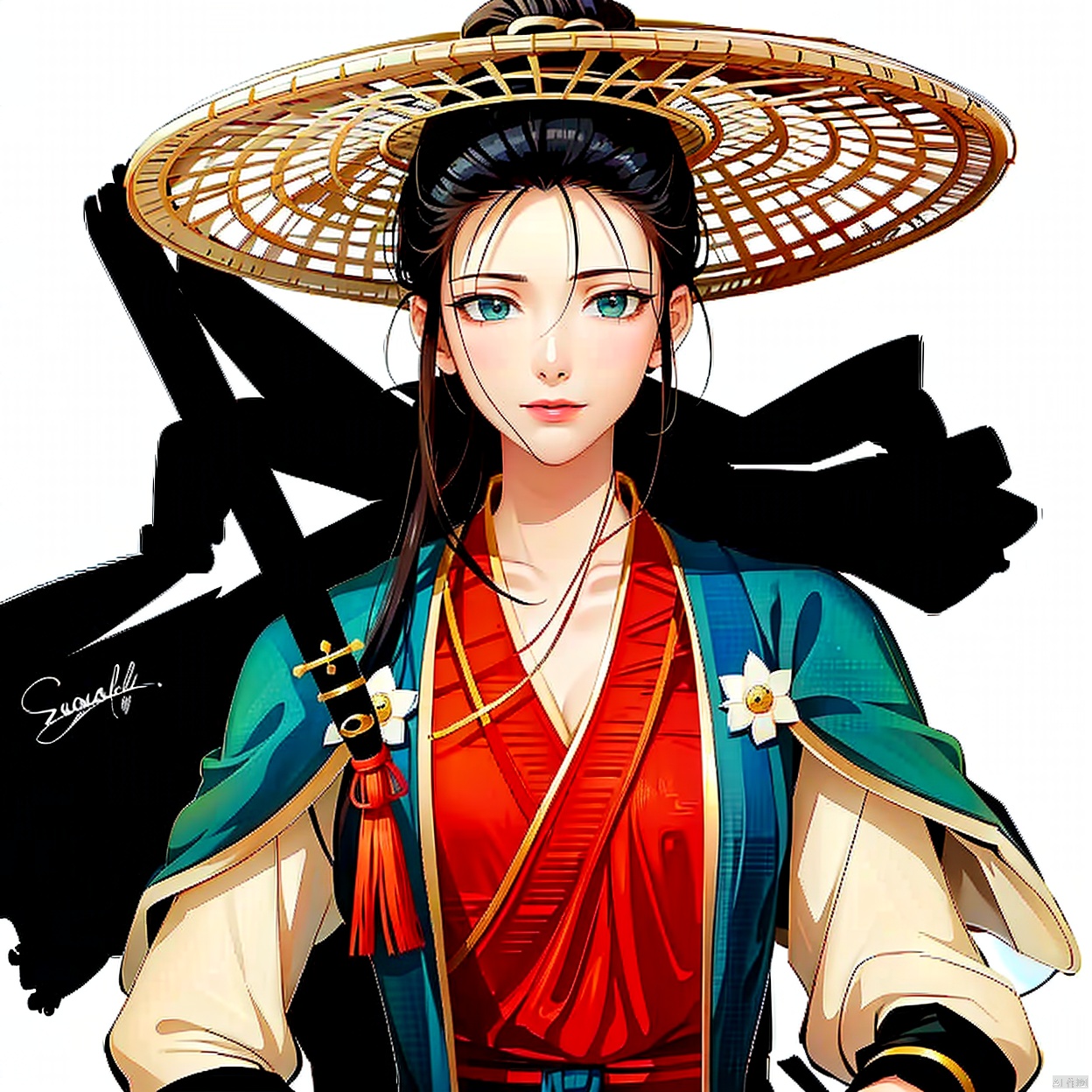  (masterpiece:1.3),(the best quality:1.2),(super fine illustrations:1.2),(Masterpiece),high quality,high detail,(white background:1.2),looking at viewer,(SOLO:1.4),outline,simple background, ribbon,pants,hair bun,bracelet,belt,haori,hanfu,dress,necklace,veil,scarf over mouth,black scarf,chinese zodiac,sash,kimono,straw hat,ring,wide sleeves,comb,striped,tassel,jewelry,folding fan,katana,cape,japanese clothes,holding sword,sheathed,sheath,hat,long sleeves,chinese clothes,weapon,sword,armor,1girl,boots