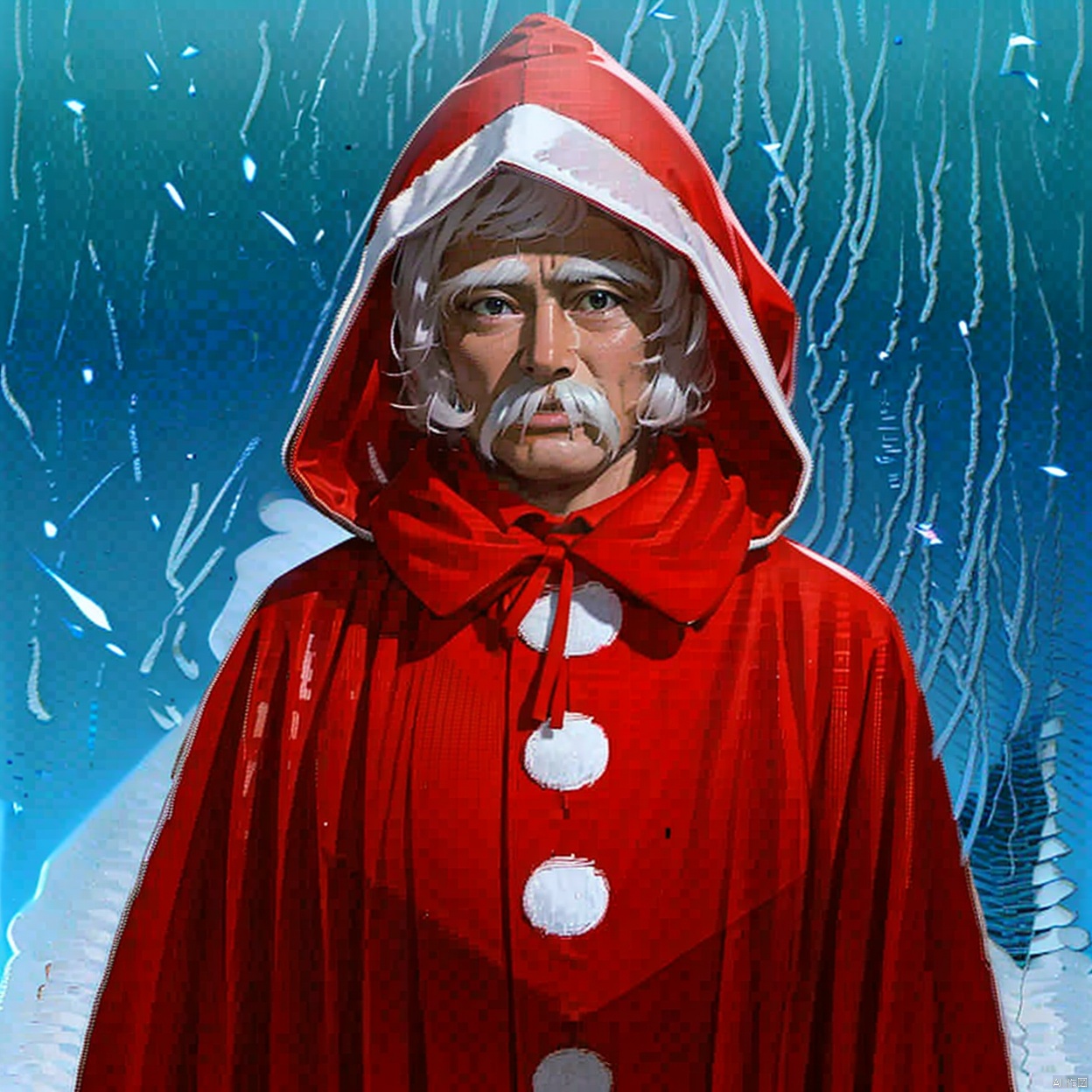  (masterpiece:1.3),(the best quality:1.2),(super fine illustrations:1.2),(Masterpiece),high quality,high detail,(white background:1.2),looking at viewer,(SOLO:1.4),outline,simple background,christmas,hat,red jacket,male focus,face,mustache,old man,red hood,red capelet,red cape,red gloves,christmas ornaments,bell,white hair,red cloak,santa hat,santa costume,merry christmas