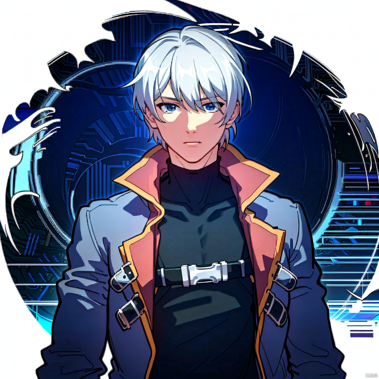  (masterpiece:1.3),(the best quality:1.2),(super fine illustrations:1.2),(Masterpiece),high quality,high detail,((white background:1.2)),looking at viewer,(SOLO:1.4),outline,simple background, open coat,orange theme,silver hair,choker,burning,bangs,black coat,hair between eyes,long sleeves,shirt,jacket,belt,blue eyes,polearm,holding sword,black pants,black footwear,white hair,male focus,gloves,coat,boots,1boy