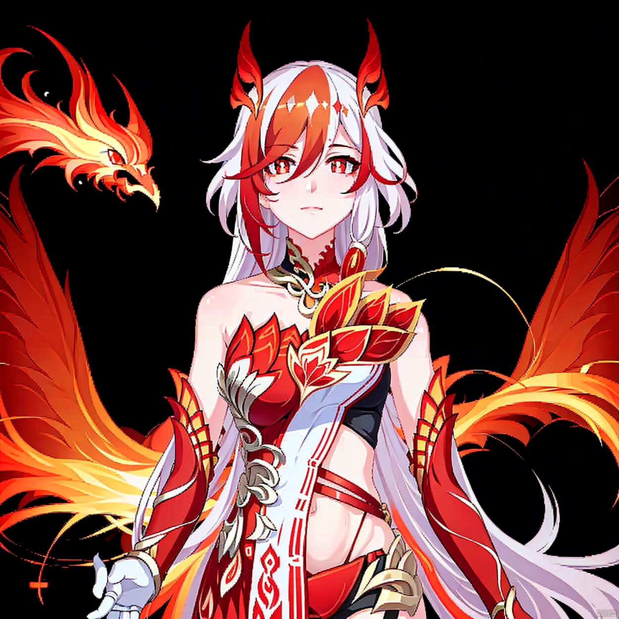  (masterpiece:1.3),(the best quality:1.2),(super fine illustrations:1.2),(Masterpiece),high quality,high detail,((white background:1.2)),looking at viewer,(SOLO:1.4),outline,simple background,fullbody,, messy hair, bare shoulders,gauntlets, mechanical parts, white skin, phoenix, shorts, collarbone, jewelry, twintails, eyelashes, elbow gloves,armor,red legwear,thighhighs,boots,facial mark,head wings,red gloves,two,tone hair,earrings,gloves,tassel,leotard,skirt,dress,elbow gloves,twintails,bare shoulders,tattoo,phoenix,ribbon,red ribbon,bangs,white hair,orange eyes,streaked hair,fu hua,orange hair,fiery hair,hair between eyes,multicolored hair,fiery wings,jewelry,hair ornament,gloves,hair ribbon,pattern on hair,logo,yellow pupils,diamond shaped pupils
