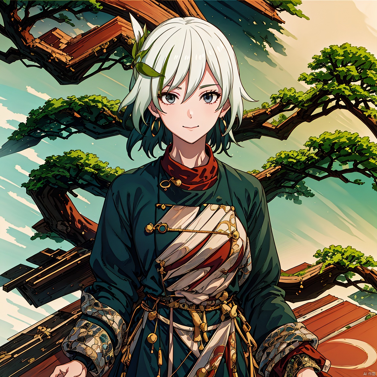 Anime, fantasy, magic, jewelry,long sleeves,full body,black footwear,boots,chinese clothes,1girl,pants,earrings,bangs,wide sleeves,hanfu,robe,dress,smile,belt,short hair with long locks,feathers,hair ornament,eyebrows visible through hair,two,tone hair,necklace,bracelet,tassel,robe,pants,wide sleeves,earrings,long sleeves,jewelry,hanfu,dress,chinese clothes,full body,boots,black footwear,