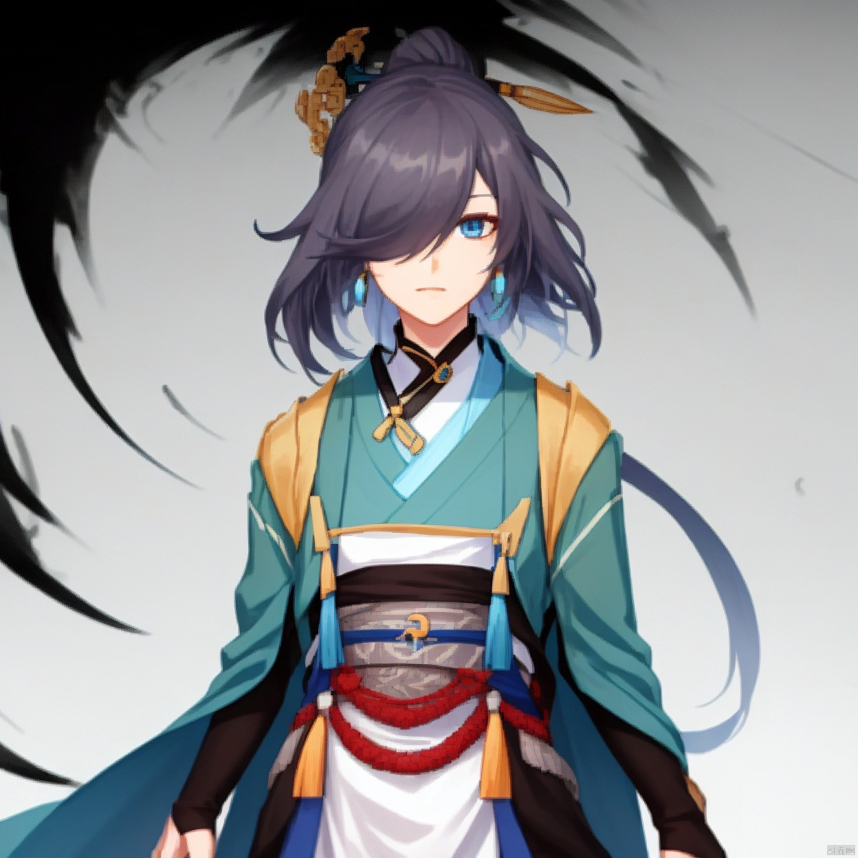 (white background:1.2),looking at viewer,(SOLO:1.4),outline,simple background,upper body, cowboy shot,looking at viewer,
(((arms at side))), shoulder armor, hair ornament,hair over one eye,grey hair,ponytail,long sleeves,tassel,hair bell,jacket,hanfu,jewelry,earrings,fu_hua,hair_over_one_eye,chinese_clothes,blue_eyes