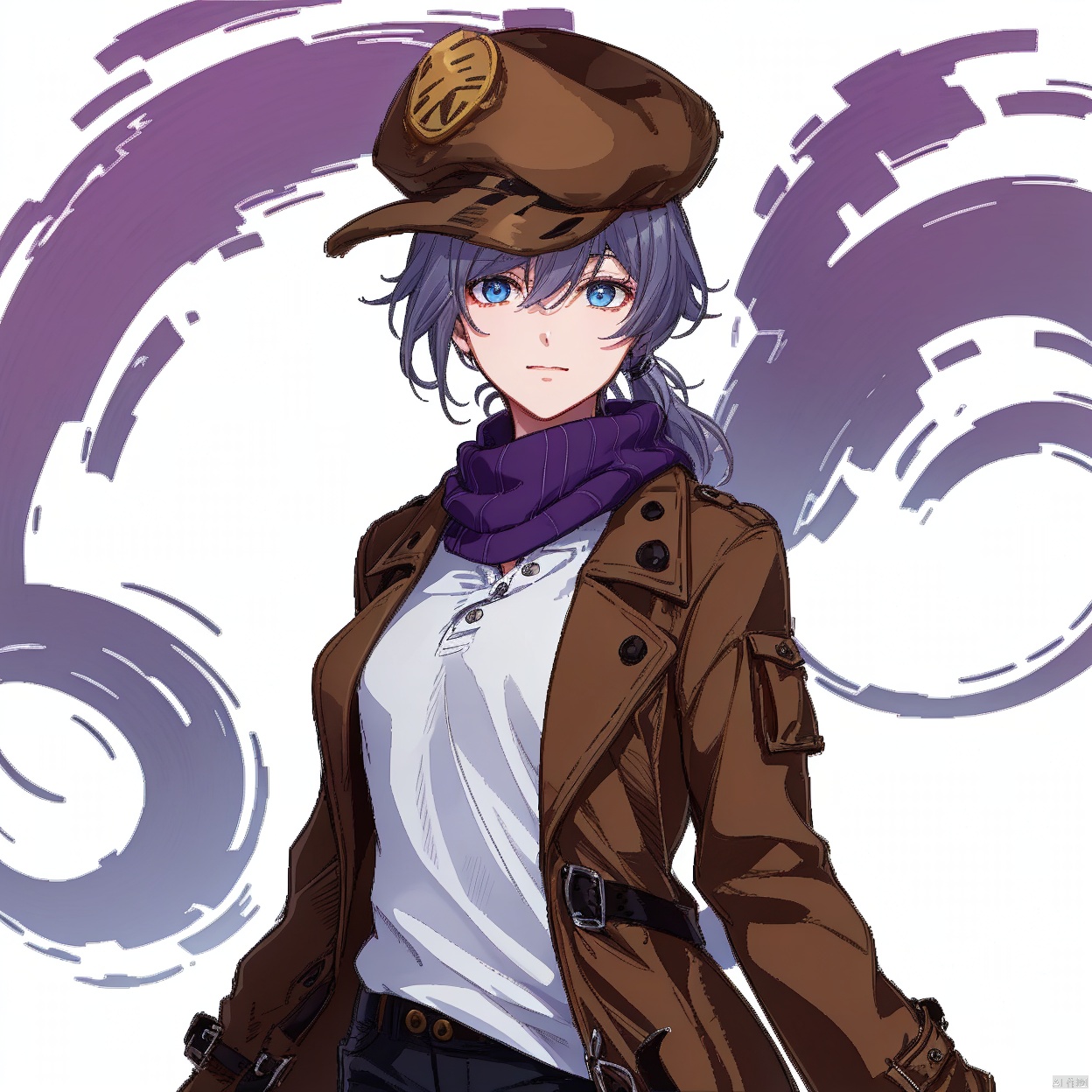 (white background:1.2),looking at viewer,(SOLO:1.4),outline,simple background,upper body, cowboy shot,looking at viewer,
(((arms at side))),dirty coat,Patch on shorts,cabbie hat,lace,up boots,trench coat,belt,open coat,deerstalker,brown headwear,brown coat,hair between eyes,white shirt,jacket,ponytail,black shorts,polo shirt,sleeves rolled up,brown jacket,purple scarf,grey hair,fu hua,bangs,detective,blue eyes
