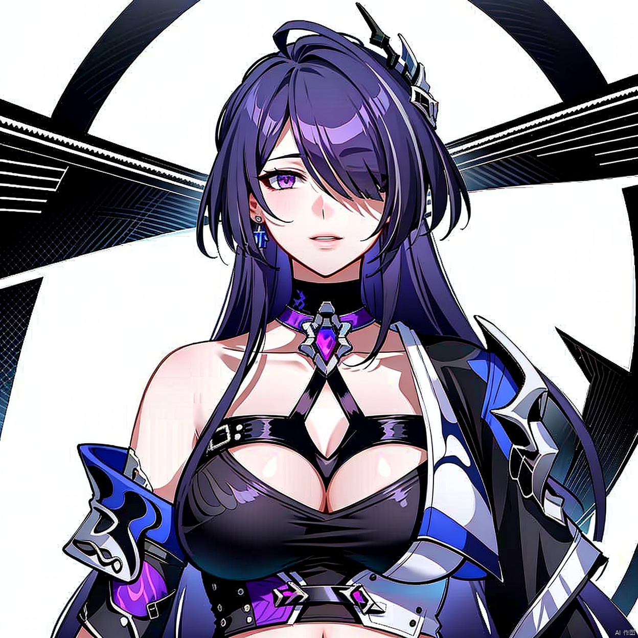  (masterpiece:1.3),(the best quality:1.2),(super fine illustrations:1.2),(Masterpiece),high quality,high detail,(white background:1.2),looking at viewer,(SOLO:1.4),outline,simple background,navel,hair ornament,black legwear,armor,tattoo,thighhighs,short shorts,off shoulder,bare shoulders,puffy sleeves,boots,black gloves,black shorts,bangs,lshort hair,breasts,collarbone,elbow gloves,hair over one eye,purple hair,purple eyes