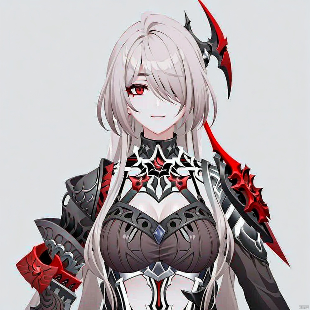  (masterpiece:1.3),(the best quality:1.2),(super fine illustrations:1.2),(Masterpiece),high quality,high detail,(white background:1.2),looking at viewer,(SOLO:1.4),outline,simple background,navel,hair ornament,black legwear,armor,tattoo,thighhighs,short shorts,off shoulder,bare shoulders,puffy sleeves,boots,black gloves,black shorts,bangs,long hair,red eyes,white hair,short hair,breasts,collarbone,elbow gloves,hair over one eye