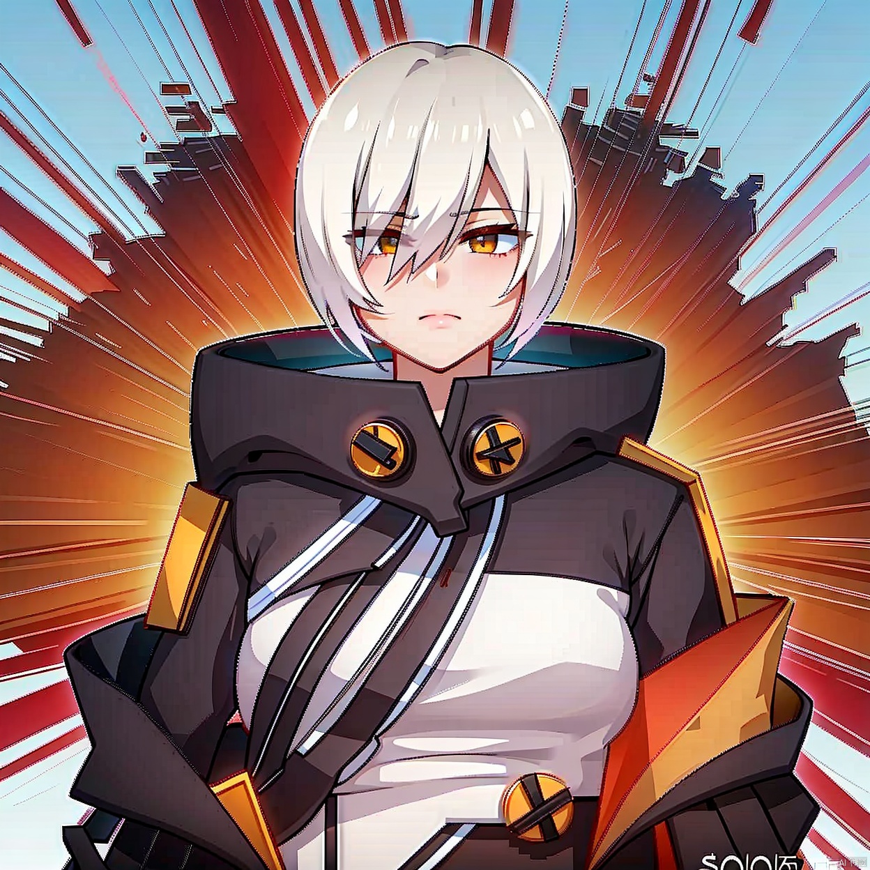  (masterpiece:1.3),(the best quality:1.2),(super fine illustrations:1.2),(Masterpiece),high quality,high detail,(white background:1.2),looking at viewer,(SOLO:1.4),outline,simple background, 1girl,scythe,orange theme,holding weapon,black footwear,hood down,short hair,dress,black dress,white hair,bangs,thighhighs,black jacket,yellow eyes,orange eyes,jacket,hair between eyes,solo,gloves,