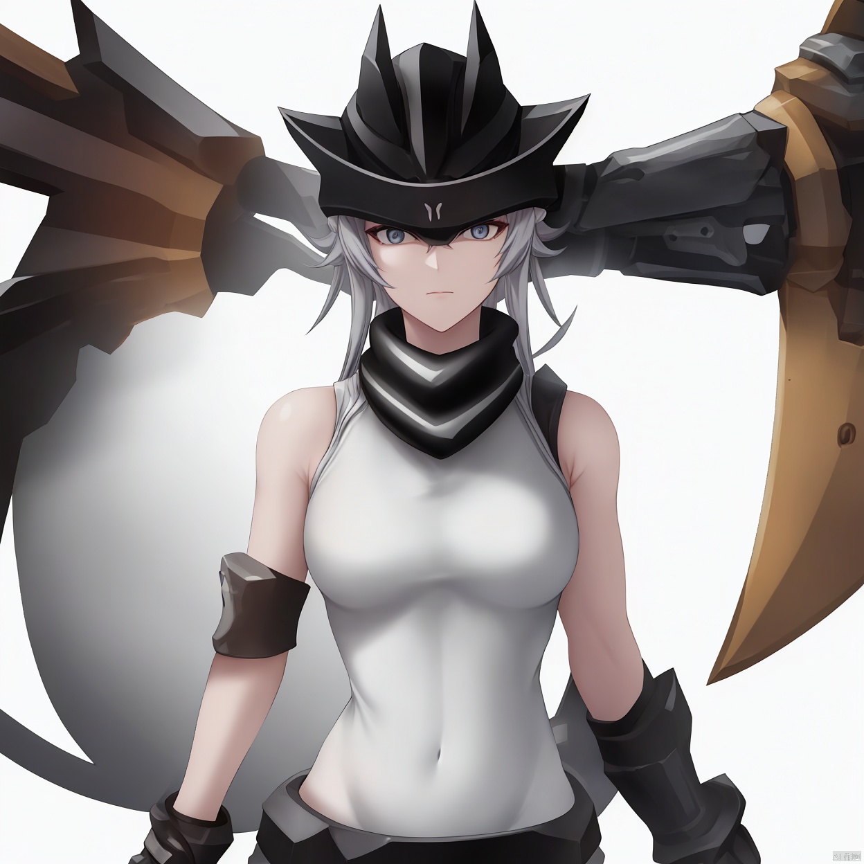 (Masterpiece),high quality,(white background:1.2),looking at viewer,outline,simple background,upper body, cowboy shot,looking at viewer, (((arms at side))),  scarf,single thighhigh,boots