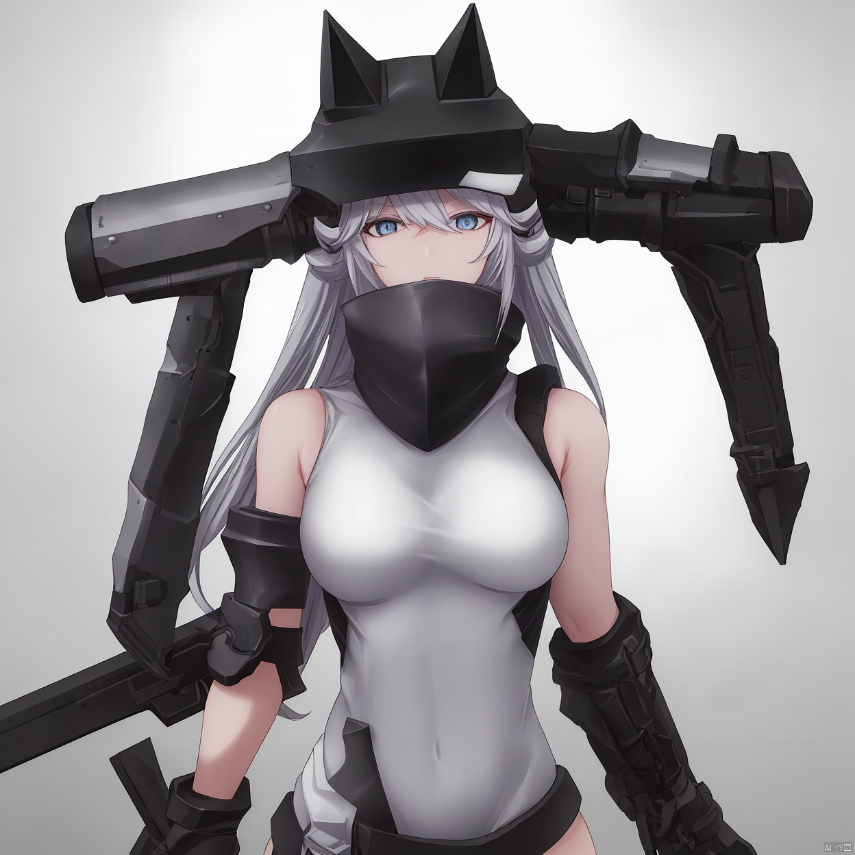 (Masterpiece),high quality,(white background:1.2),looking at viewer,outline,simple background,upper body, cowboy shot,looking at viewer, (((arms at side))),  scarf,single thighhigh,boots
