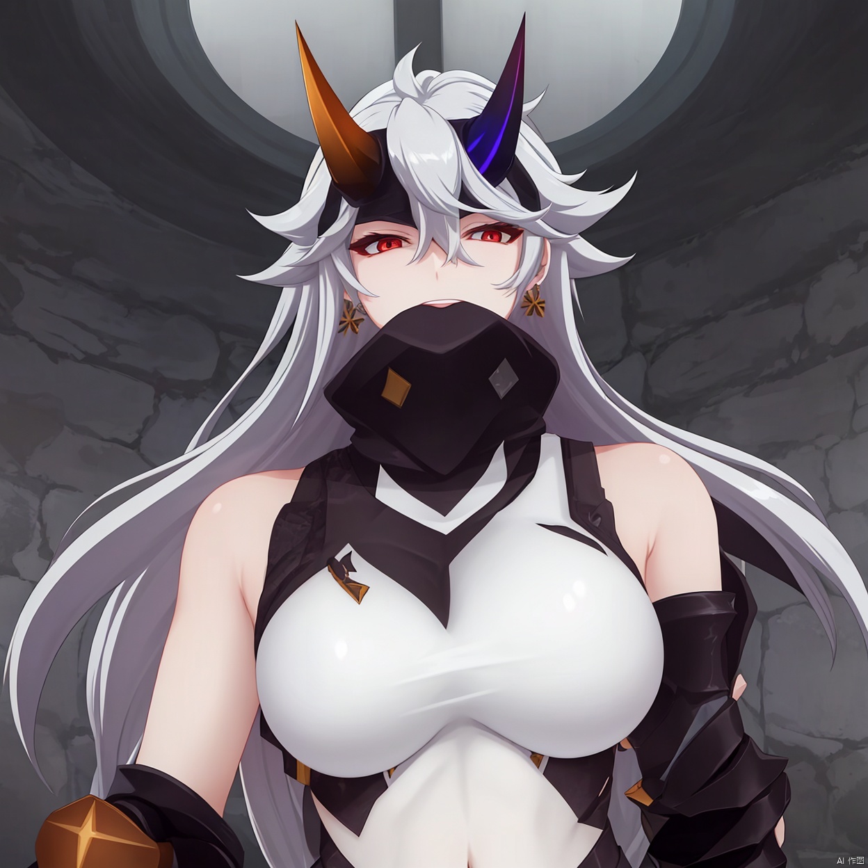 scarf,single thighhigh,boots,japanese armor,leotard,mask,gauntlets,ar,armor,red eyes,hair between eyes,messy hair,earrings,gloves,navel,horns,bare shoulders,1girl,white hair