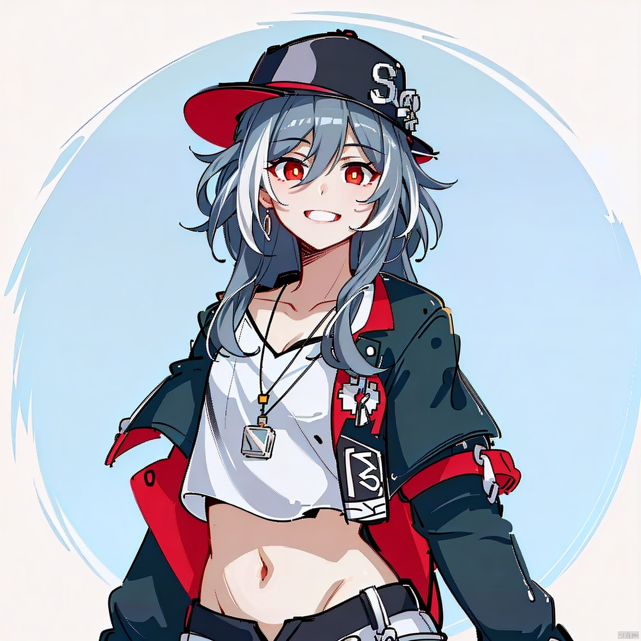  (masterpiece:1.3),(the best quality:1.2),(super fine illustrations:1.2),(Masterpiece),high quality,high detail,((white background:1.2)),looking at viewer,(SOLO:1.4),outline,simple background,fullbody,, red eyes,long hair,hair between eyes,very long hair,multicolored hair,black jacket,collarbone,thighs,open jacket,boots,black shorts,black footwear,sleeveless shirt,shorts,shirt,off shoulder,black headwear,navel,jacket,hat,grin,eyebrows visible through hair,bangs,:d