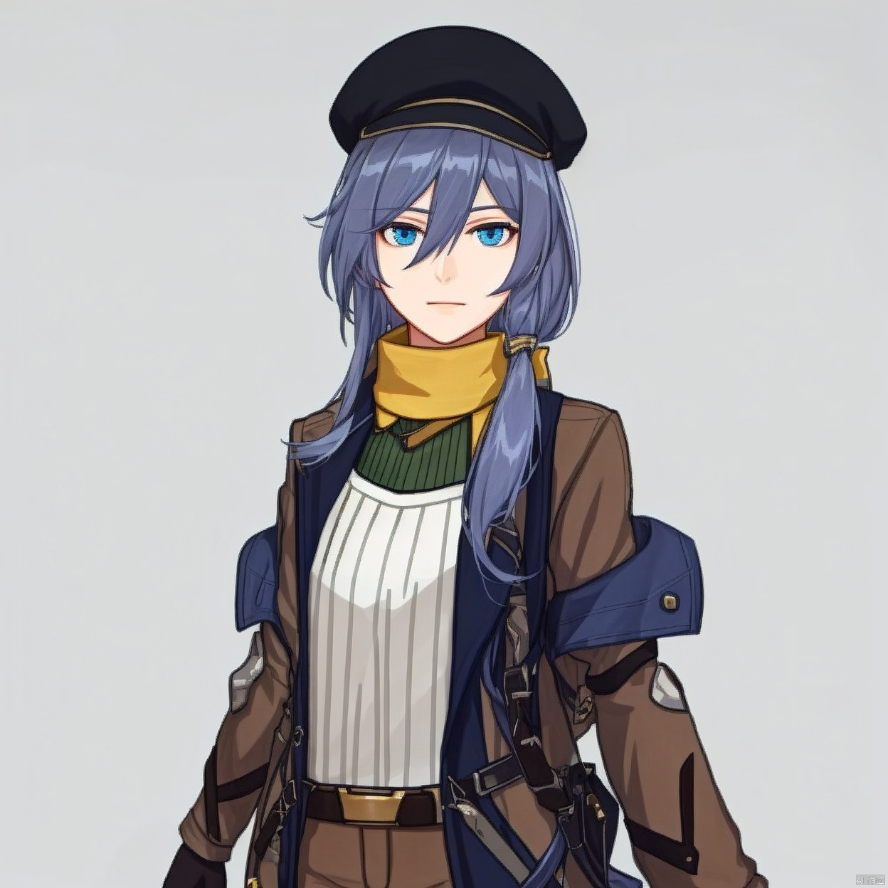 (white background:1.2),looking at viewer,(SOLO:1.4),outline,simple background,upper body, cowboy shot,looking at viewer,
(((arms at side))),hair between eyes,bangs,hat,long sleeves,blue eyes,long hair,smile,gloves,fu hua,grey hair,(yellow sweater),green vertical-striped legwear,pantyhose,cross-laced footwear,brown jacket,brown shorts,yellow scarf,belt,beret
