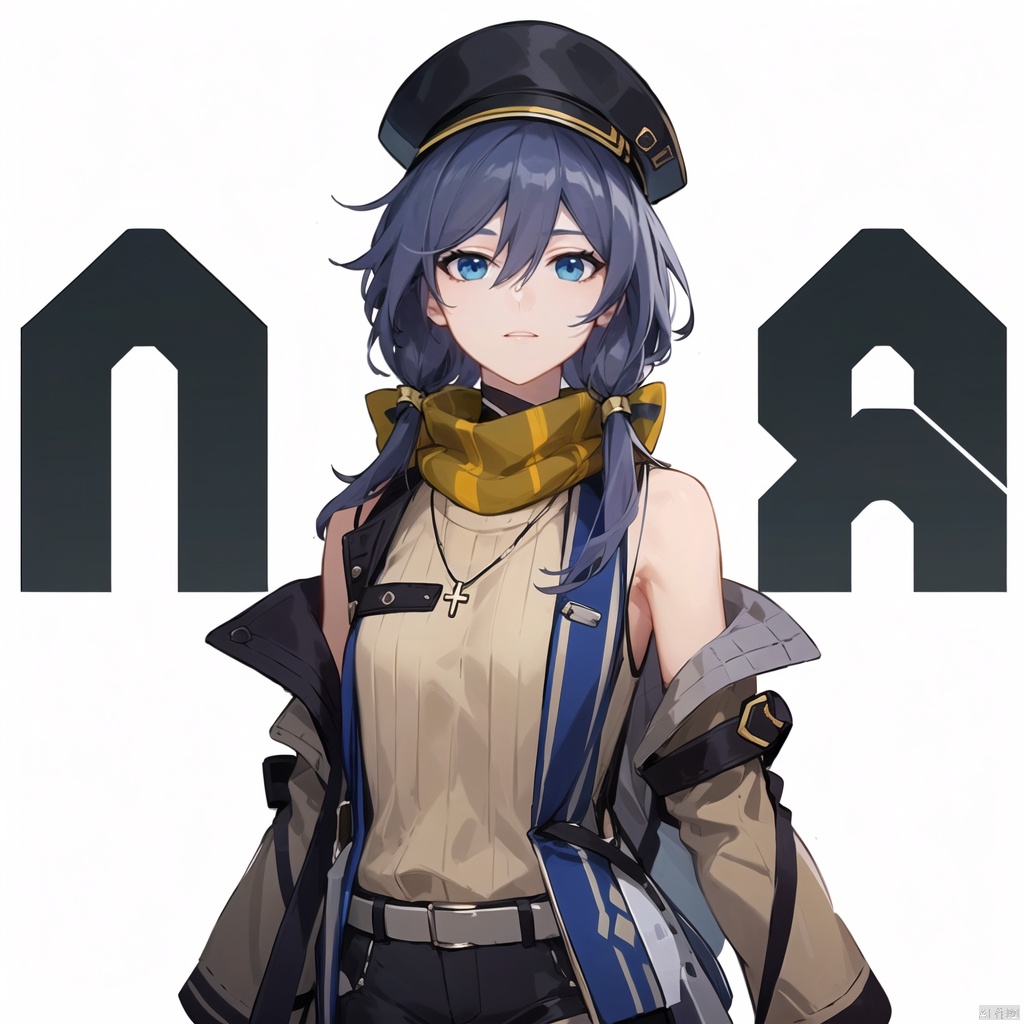 (white background:1.2),looking at viewer,(SOLO:1.4),outline,simple background,full body,looking at viewer,(((arms at side))),hair between eyes,bangs,hat,long sleeves,blue eyes,solo,1girl,long hair,smile,gloves,fu hua,grey hair,(yellow sweater),green vertical-striped legwear,vertical-striped legwear,pantyhose,belt,cross-laced footwear,brown jacket,beret,brown shorts,yellow scarf