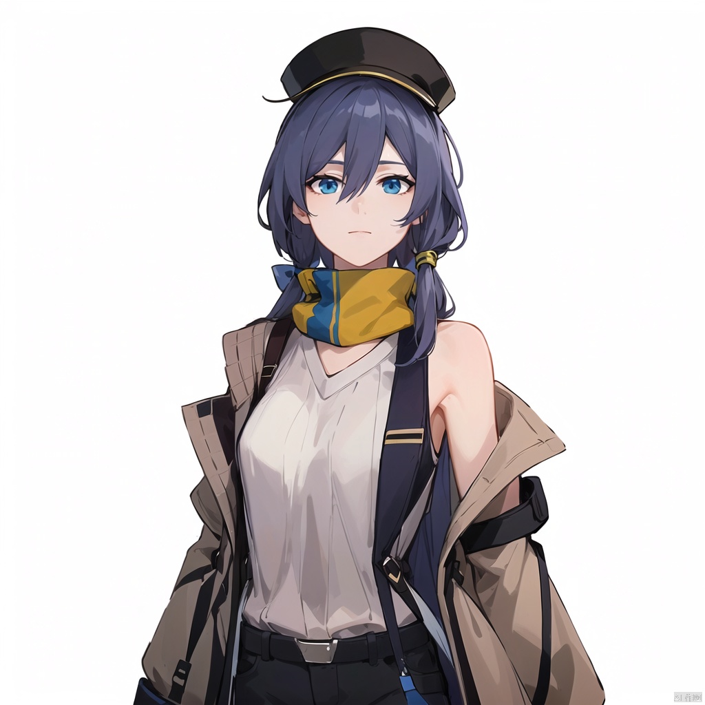 (white background:1.2),looking at viewer,(SOLO:1.4),outline,simple background,full body,looking at viewer,(((arms at side))),hair between eyes,bangs,hat,long sleeves,blue eyes,solo,1girl,long hair,smile,gloves,fu hua,grey hair,(yellow sweater),green vertical-striped legwear,vertical-striped legwear,pantyhose,belt,cross-laced footwear,brown jacket,beret,brown shorts,yellow scarf
