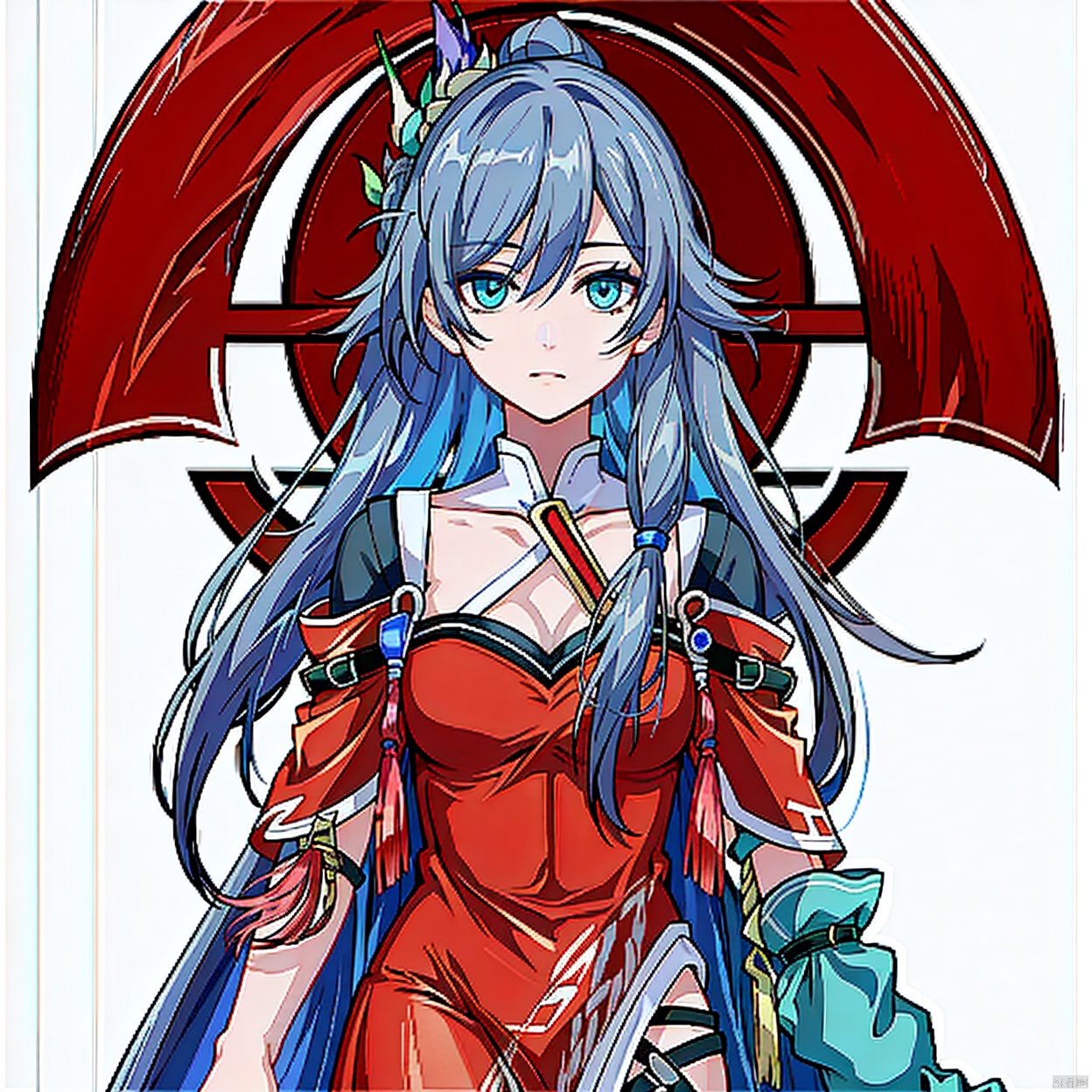  (masterpiece:1.3),(the best quality:1.2),(super fine illustrations:1.2),(Masterpiece),high quality,high detail,((white background:1.2)),looking at viewer,(SOLO:1.4),outline,simple background,fullbody,, china dress,blue eyes,hair between eyes,fu hua,chinese clothes,red dress,golden pattern on dress,thighhighs,detached sleeves,very long hair,new year,hair ornament,dress,looking at viewer,eyebrows visible through hair,bangs,