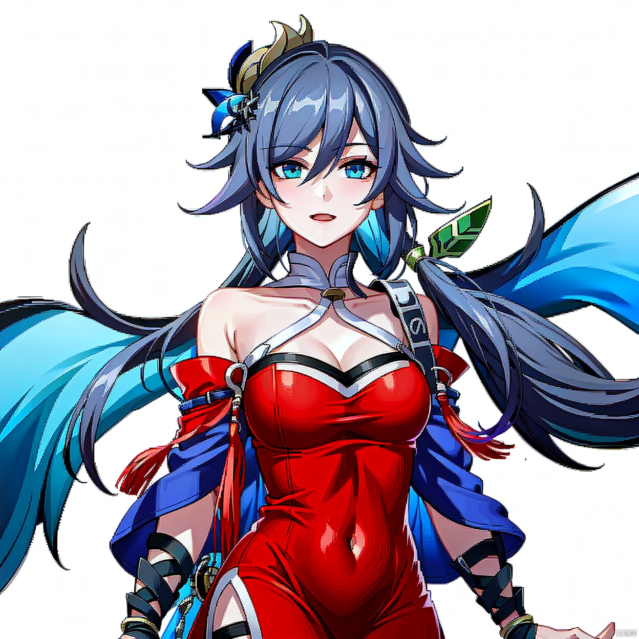  (masterpiece:1.3),(the best quality:1.2),(super fine illustrations:1.2),(Masterpiece),high quality,high detail,((white background:1.2)),looking at viewer,(SOLO:1.4),outline,simple background,fullbody,, china dress,blue eyes,hair between eyes,fu hua,chinese clothes,red dress,golden pattern on dress,thighhighs,detached sleeves,very long hair,new year,hair ornament,dress,looking at viewer,eyebrows visible through hair,bangs,