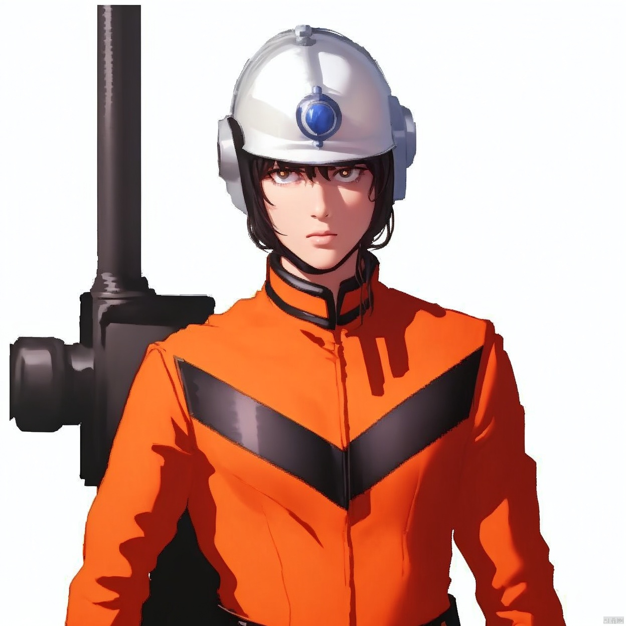 (white background:1.2),looking at viewer,(SOLO:1.4),outline,simple background,upper body, cowboy shot,looking at viewer,,outline,
(((arms at side))), 
collar, choker,belt,boots,emblem,military uniform,logo,pants,armor,uniform,bodysuit,choker,belt pouch, jacket, collar, helmet, gloves, fingerless gloves, belt, logo,, belt,tac style,orange bodysuit, black belt, orange legwear,orange jacket, black footwear