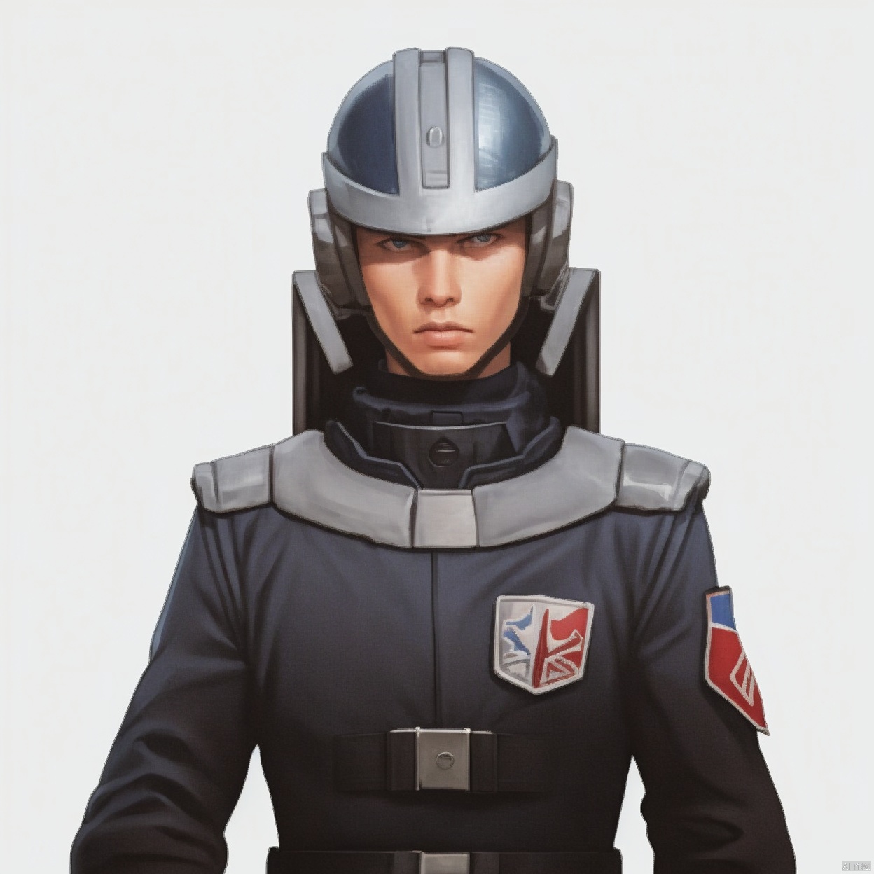 (white background:1.2),looking at viewer,(SOLO:1.4),outline,simple background,upper body, cowboy shot,looking at viewer,,outline,
(((arms at side))), 
collar, choker,belt,boots,emblem,military uniform,logo,pants,armor,uniform,bodysuit,choker,belt pouch, jacket, collar, helmet, gloves, fingerless gloves, belt, logo,, belt, 
