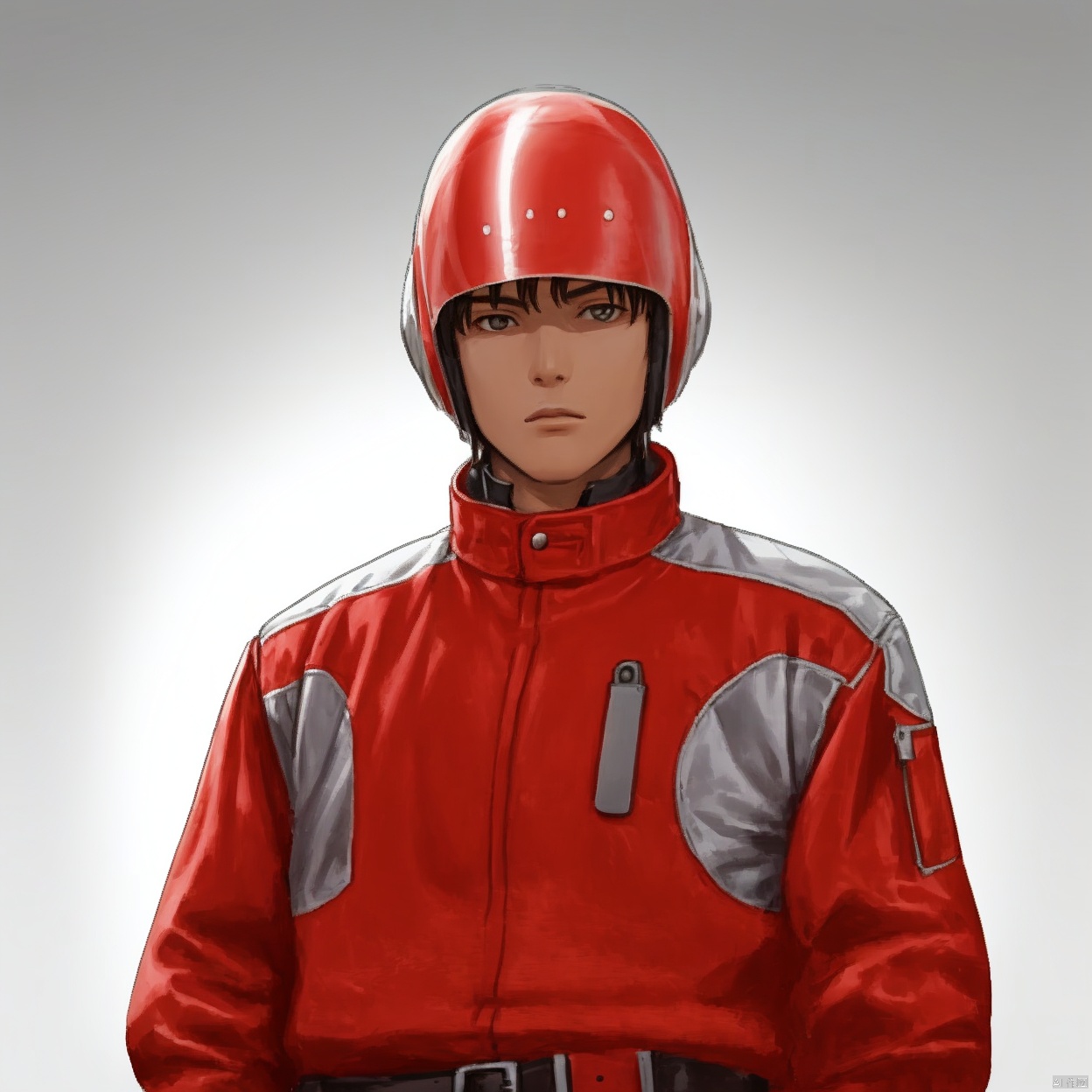 (white background:1.2),looking at viewer,(SOLO:1.4),outline,simple background,upper body, cowboy shot,looking at viewer,,outline,
(((arms at side))), 
collar, choker,belt,boots,emblem,military uniform,logo,pants,armor,uniform,bodysuit,choker,belt pouch, jacket, collar, helmet, gloves, fingerless gloves, belt, logo,1boy, belt, red jacket