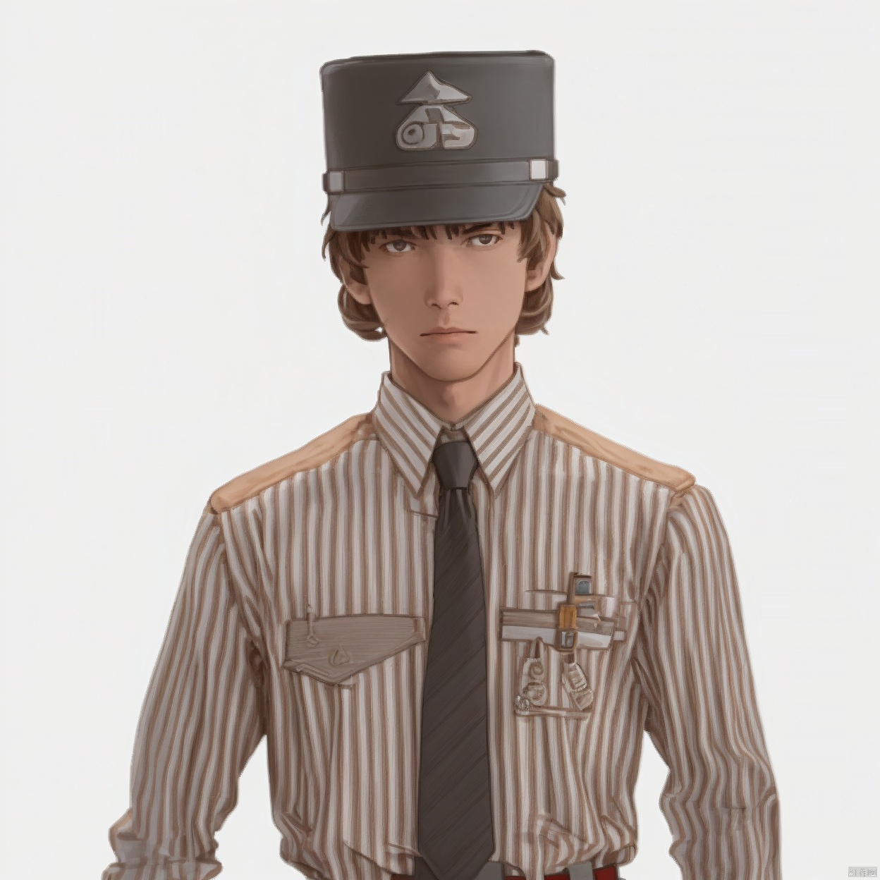 (white background:1.2),looking at viewer,(SOLO:1.4),outline,simple background,upper body, cowboy shot,looking at viewer,,outline,
(((arms at side))), 

necktie, employee uniform, shoes, belt, suit, uniform,vertical-striped shirt, striped shirt, pinstripe suit, pants, shirt, striped, hat