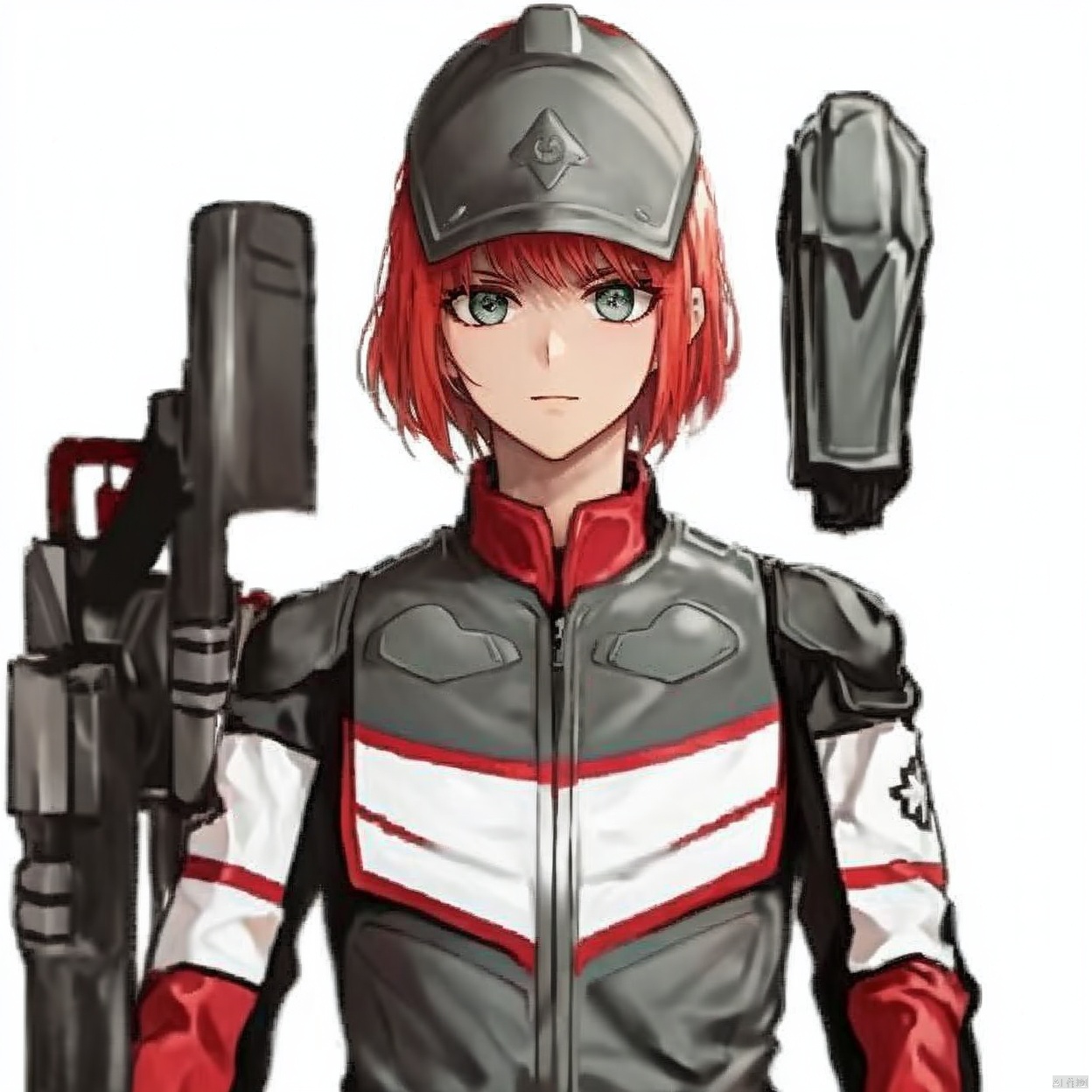 (white background:1.2),looking at viewer,(SOLO:1.4),outline,simple background,upper body, cowboy shot,looking at viewer,,outline,
(((arms at side))), 
collar, choker,belt,boots,emblem,military uniform,logo,pants,armor,uniform,bodysuit,choker,belt pouch, jacket, collar, helmet, gloves, fingerless gloves, belt, logo,, belt, 
