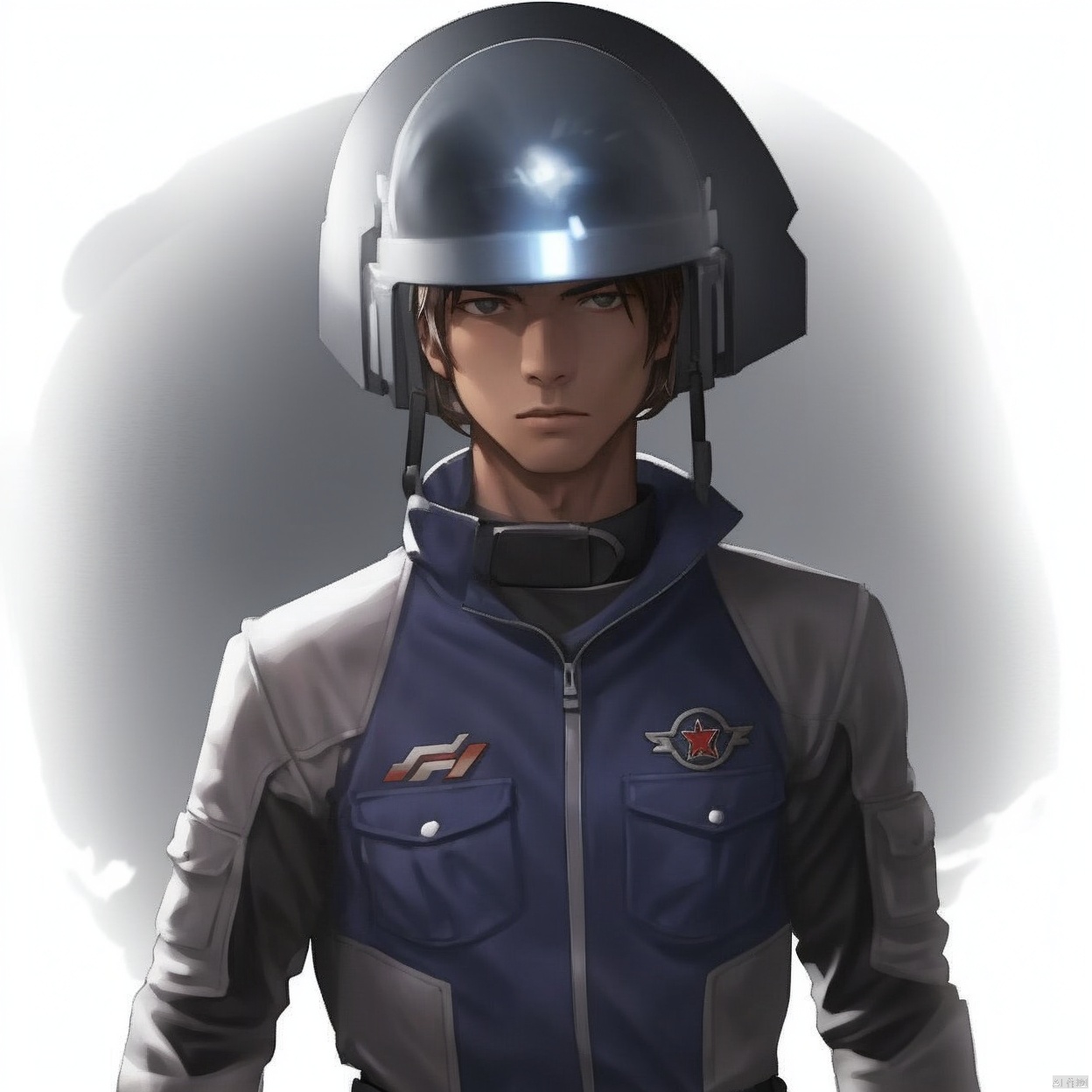 (white background:1.2),looking at viewer,(SOLO:1.4),outline,simple background,upper body, cowboy shot,looking at viewer,,outline,
(((arms at side))), 
collar, choker,belt,boots,emblem,military uniform,logo,pants,armor,uniform,bodysuit,choker,belt pouch, jacket, collar, helmet, gloves, fingerless gloves, belt, logo,1boy, belt