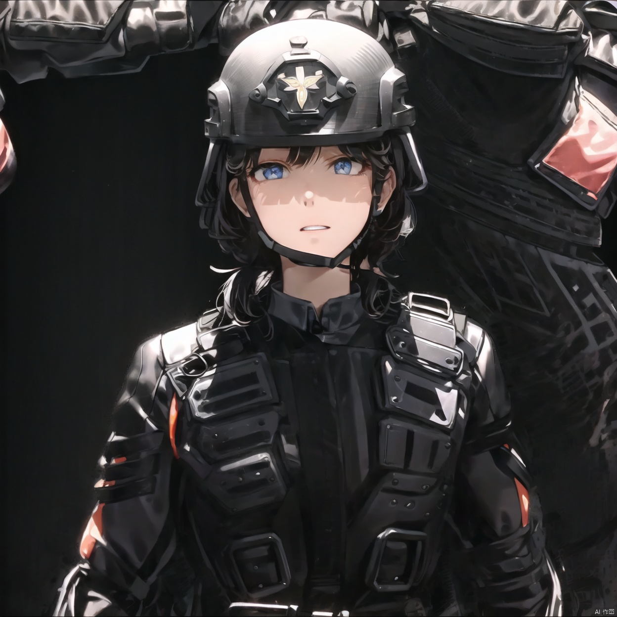 collar,choker,belt,military uniform,logo,armor,uniform,jacket,helmet,fingerless gloves,gloves,boots,emblem,pants,bodysuit,belt pouch,armband,military,