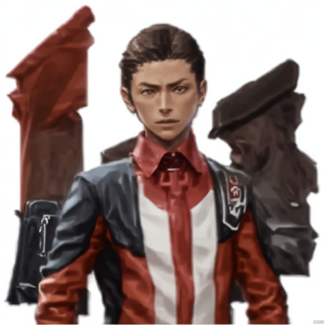 (white background:1.2),looking at viewer,(SOLO:1.4),outline,simple background,upper body, cowboy shot,looking at viewer,,outline,
(((arms at side))), 
collar, choker,belt,boots,emblem,military uniform,logo,pants,armor,uniform,bodysuit,choker,belt pouch, jacket, collar, helmet, gloves, fingerless gloves, belt, logo,1boy, belt, 
