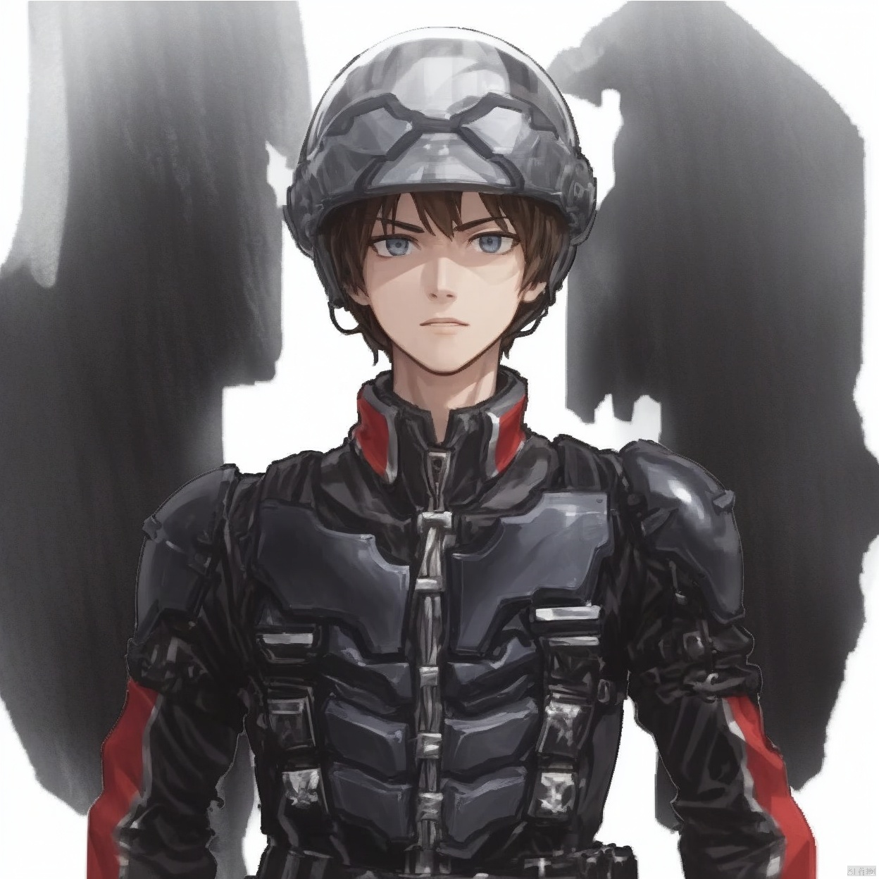 (white background:1.2),looking at viewer,(SOLO:1.4),outline,simple background,upper body, cowboy shot,looking at viewer,,outline,
(((arms at side))), 
collar, choker,belt,boots,emblem,military uniform,logo,pants,armor,uniform,bodysuit,choker,belt pouch, jacket, collar, helmet, gloves, fingerless gloves, belt, logo,1boy, belt, 
