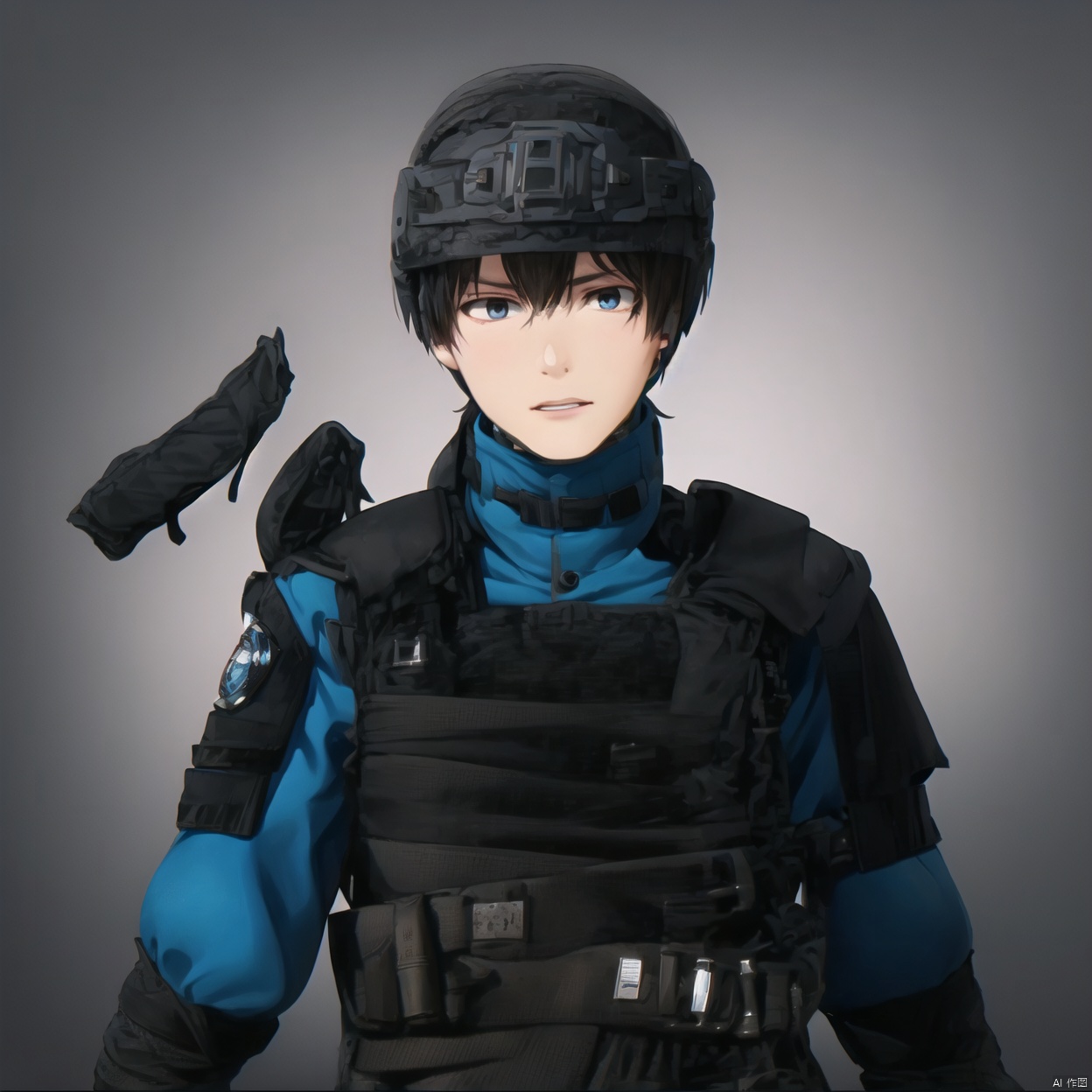 collar,choker,belt,military uniform,logo,armor,uniform,jacket,helmet,fingerless gloves,gloves,boots,emblem,pants,bodysuit,belt pouch,armband,military,
