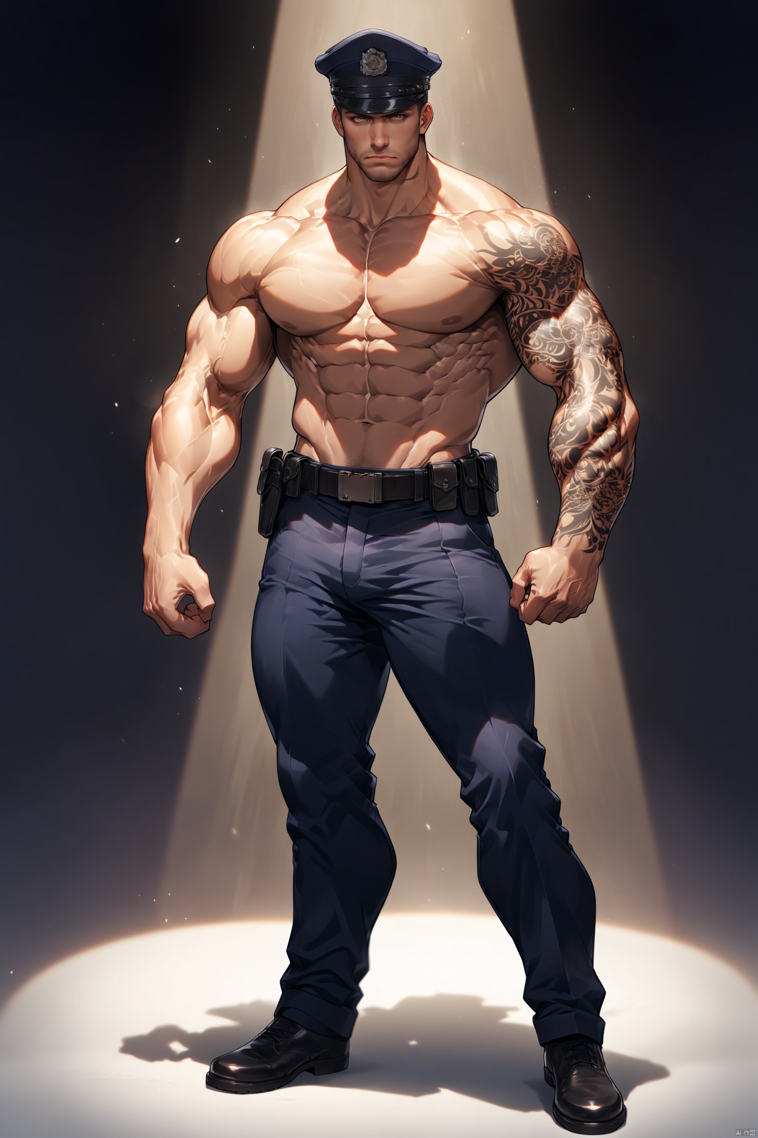 A close-up shot of a muscular,  bare-chested police officer's full body,  with tattoos visible on his arms. The officer's...