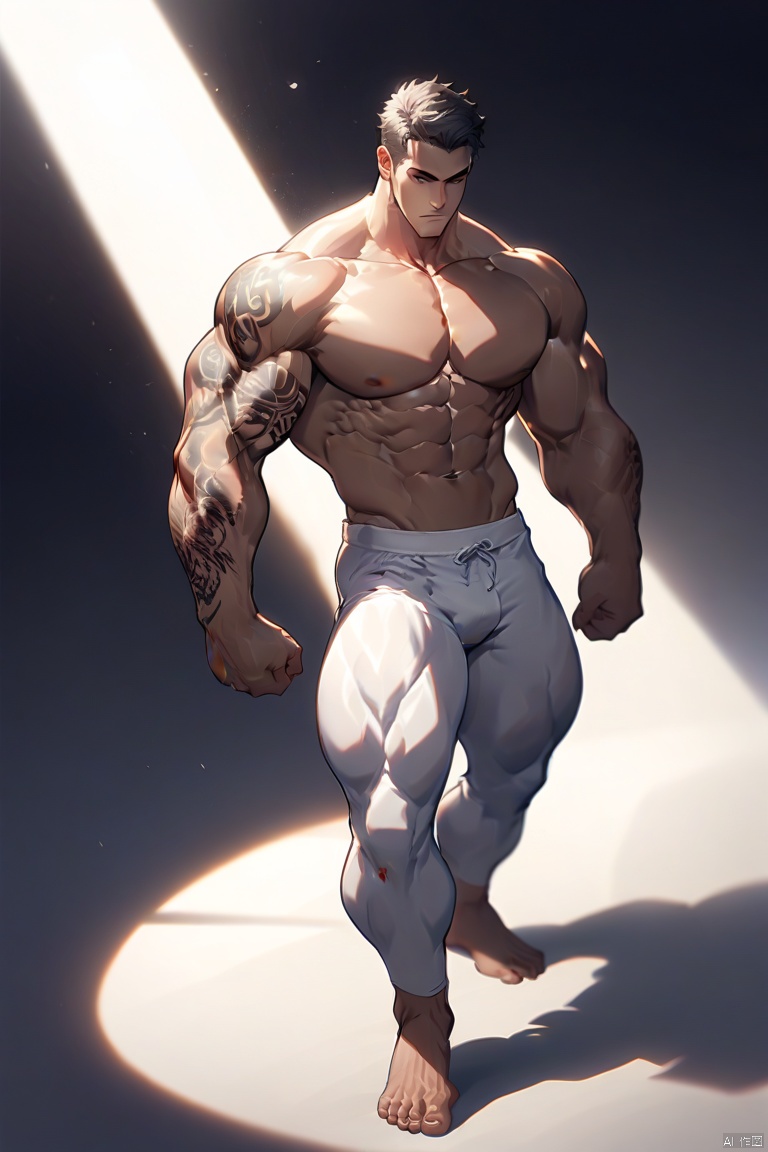 A shirtless man in white leggings,Strong muscles,Huge pectorals,barefooted,Tattoos on the arm,The lighting is dramatic, casting strong shadows that accentuate the man's defined muscles and tattoos. The background is softly blurred, emphasizing the man's powerful presence. The composition is centered, capturing the man's commanding and rugged appearance