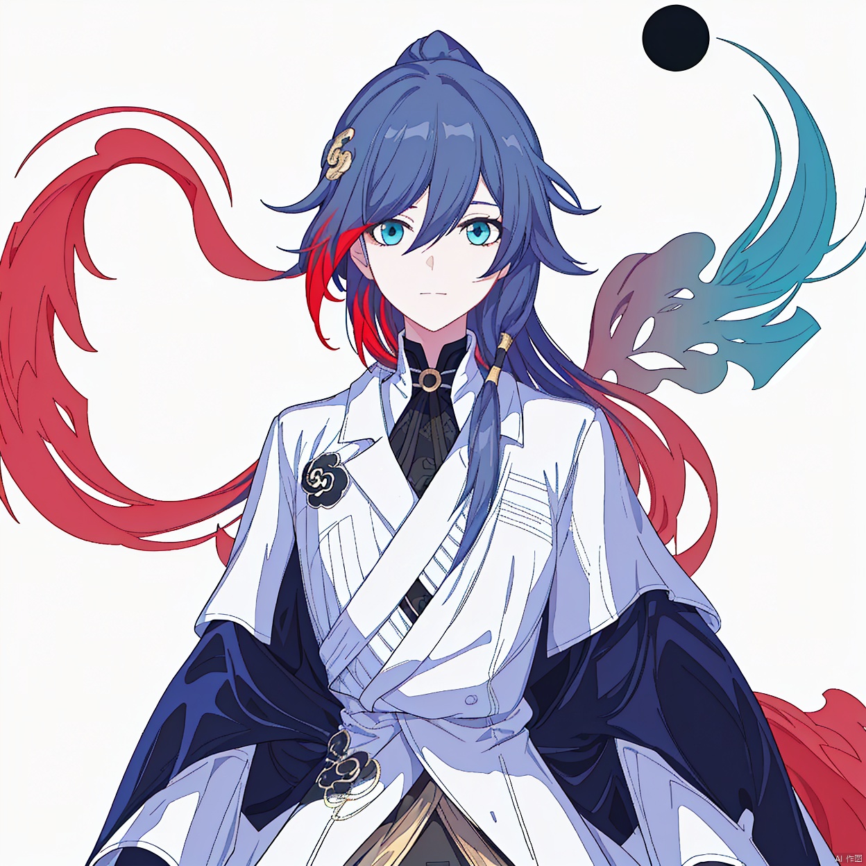 (masterpiece:1.3), (the best quality:1.2), (super fine illustrations:1.2), (Masterpiece), high quality,(white background:1.2), looking at viewer, (SOLO:1.4),outline,,simple background, fu hua,white skin,messy hair,yin yang,smile,braided ponytail,braid,blue eyes,1girl,hair between eyes,ponytail,multicolored hair,streaked hair,long hair,bangs