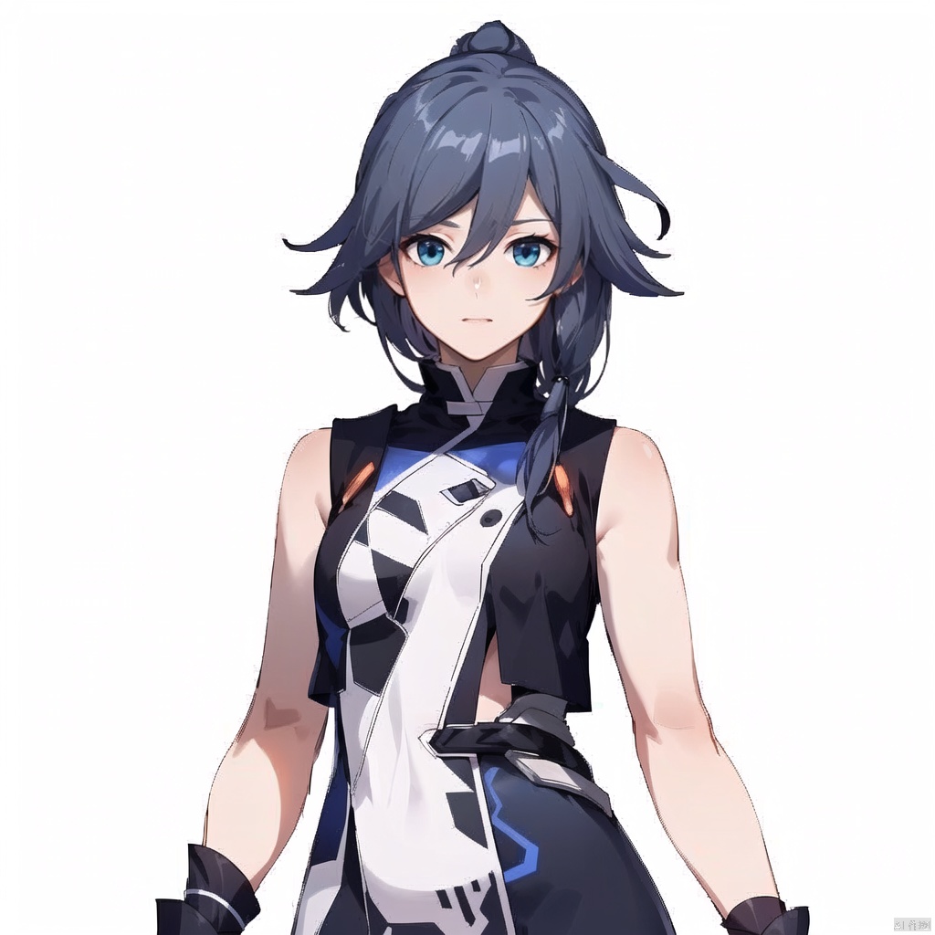 (white background:1.2),looking at viewer,(SOLO:1.4),outline,simple background,full_body,looking at viewer,,outline,
(((arms at side))), fu hua,white skin,messy hair,yin yang,smile,braided ponytail,braid,blue eyes,1girl,hair between eyes,ponytail,multicolored hair,streaked hair,long hair,bangs