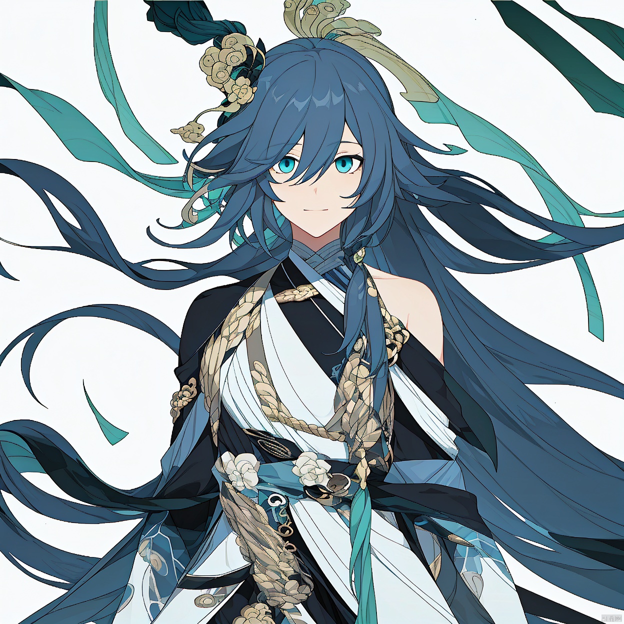 (masterpiece:1.3), (the best quality:1.2), (super fine illustrations:1.2), (Masterpiece), high quality,(white background:1.2), looking at viewer, (SOLO:1.4),outline,,simple background, fu hua,white skin,messy hair,yin yang,smile,braided ponytail,braid,blue eyes,1girl,hair between eyes,ponytail,multicolored hair,streaked hair,long hair,bangs