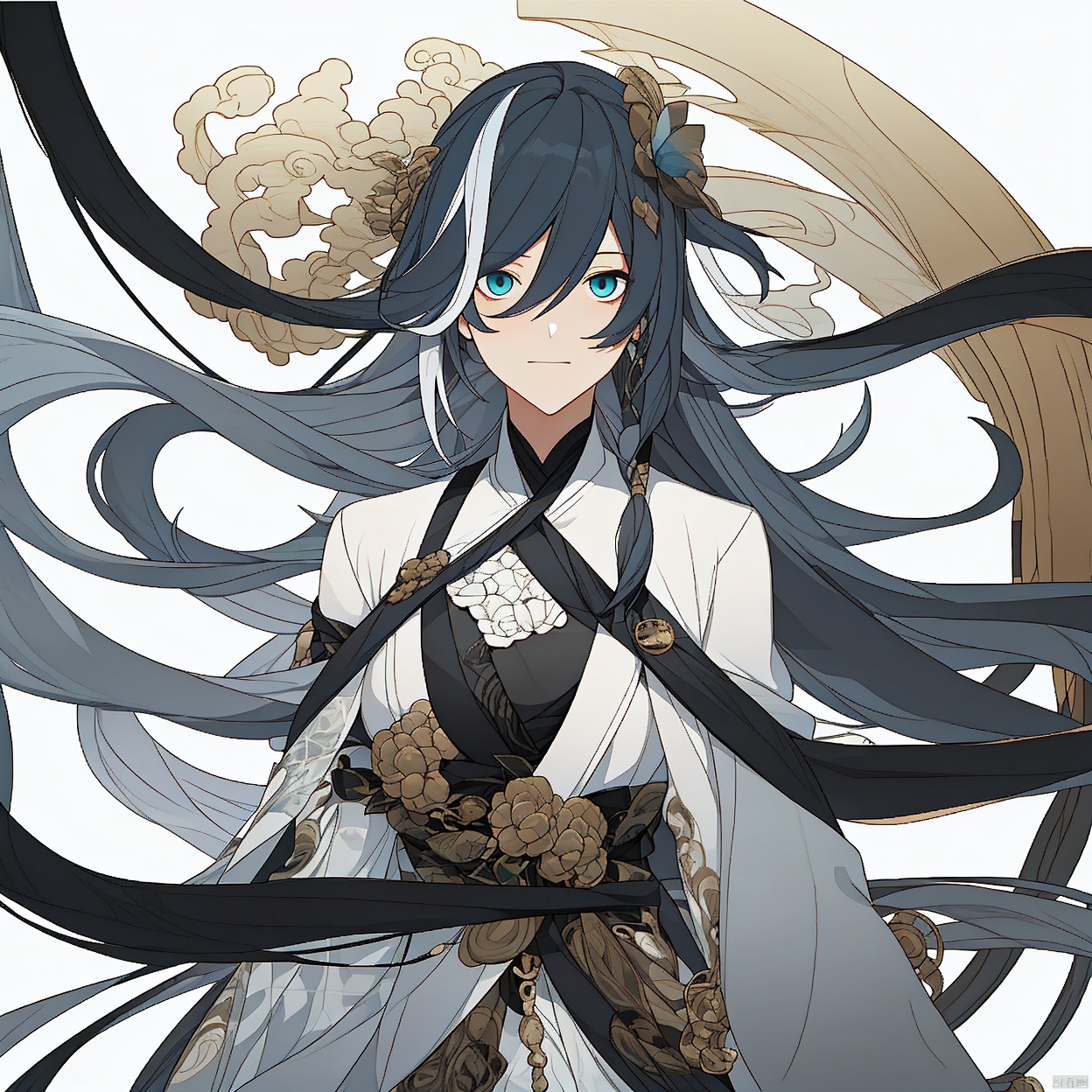 (masterpiece:1.3), (the best quality:1.2), (super fine illustrations:1.2), (Masterpiece), high quality, high detail,(white background:1.2), looking at viewer, (SOLO:1.4),outline,,simple background, fu hua,white skin,messy hair,yin yang,smile,braided ponytail,braid,blue eyes,1girl,hair between eyes,ponytail,multicolored hair,streaked hair,long hair,bangs