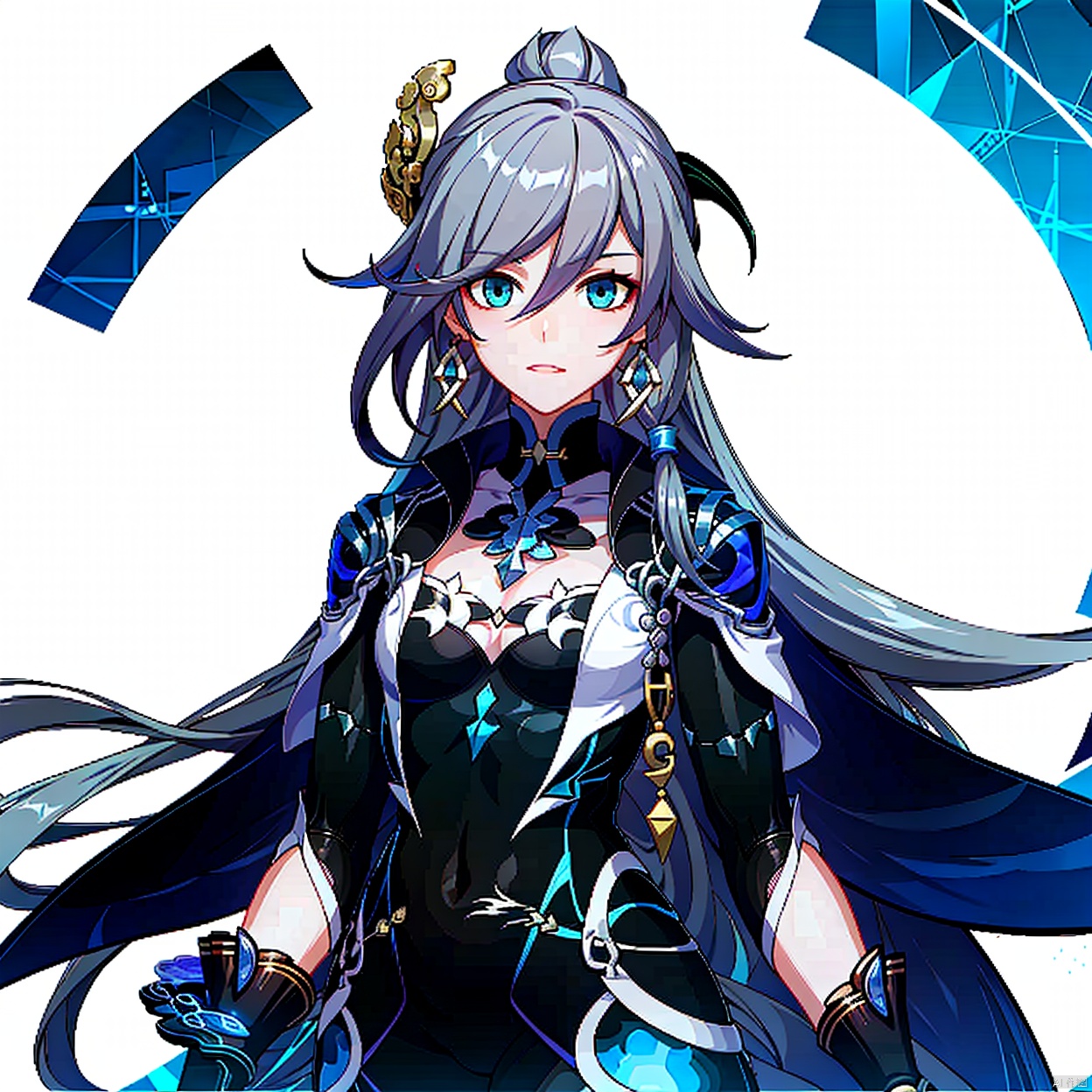  (masterpiece:1.3),(the best quality:1.2),(super fine illustrations:1.2),(Masterpiece),high quality,high detail,((white background:1.2)),looking at viewer,(SOLO:1.4),outline,simple background,fullbody,, fu hua,white skin,messy hair,yin yang,smile,braided ponytail,braid,blue eyes,1girl,hair between eyes,ponytail,multicolored hair,streaked hair,long hair,bangs