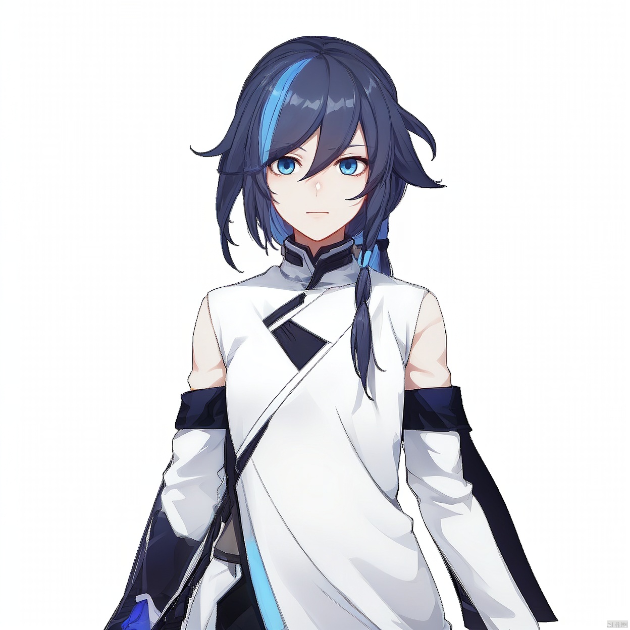 (white background:1.2),looking at viewer,(SOLO:1.4),outline,simple background,upper body, cowboy shot,looking at viewer,
(((arms at side))), fu hua,white skin,messy hair,yin yang,smile,braided ponytail,braid,blue eyes,1girl,hair between eyes,ponytail,multicolored hair,streaked hair,long hair,bangs